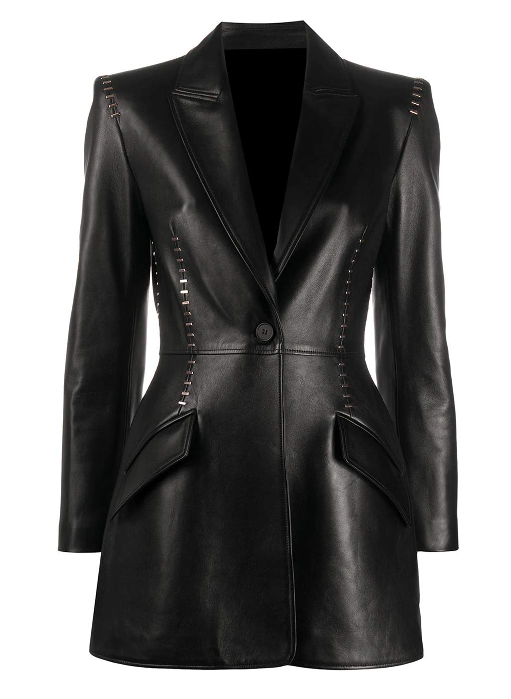 Stylish Studded Women's Blazer - Single Button Black Genuine Lambskin Leather Coat with Metal Stitching | Perfect for Office Wear, Night Out & Formal Events