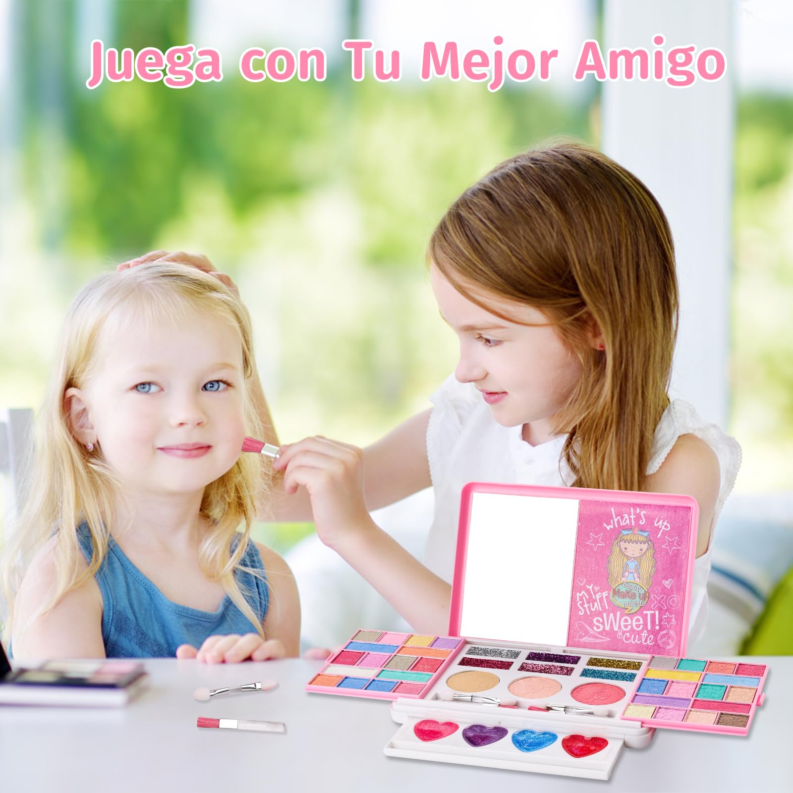 Anpro Girls Makeup Kit with Mirror & Stickers - Safe & Washable for Kids Birthday Gift Ages 3-10