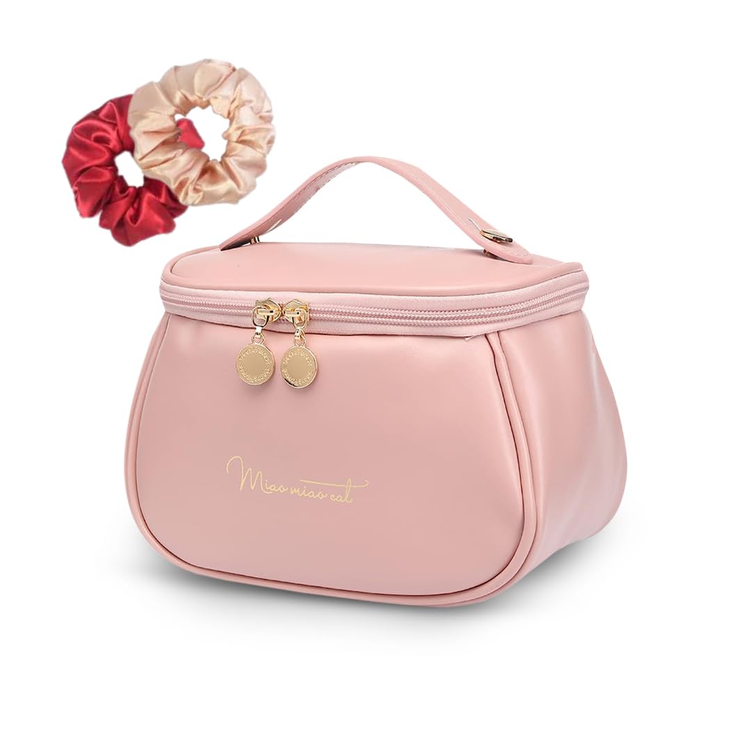 Zeahh's Pink PU Leather Makeup Bag for Women - Large Capacity Cosmetic Organizer with Handle & Divider, Portable Travel Makeup Pouch for Kit Storage | Perfect for Travel, Gym & Daily Beauty Essentials