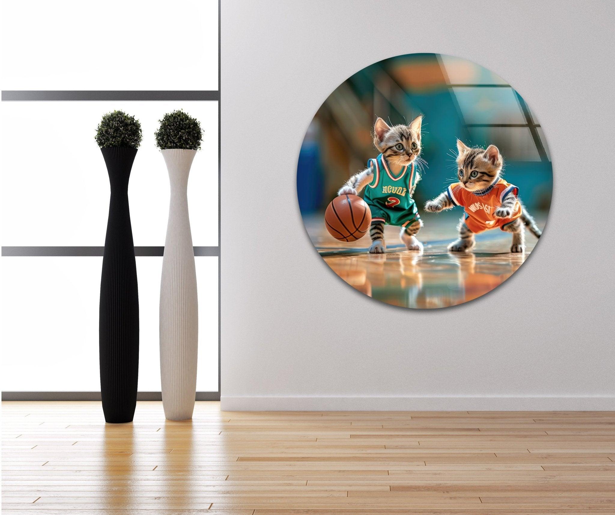 Basketball Player Cats Glass Wall Art - Unique Sports Decor for Cat Lovers - Perfect for Living Room, Bedroom, or Game Room Decorations