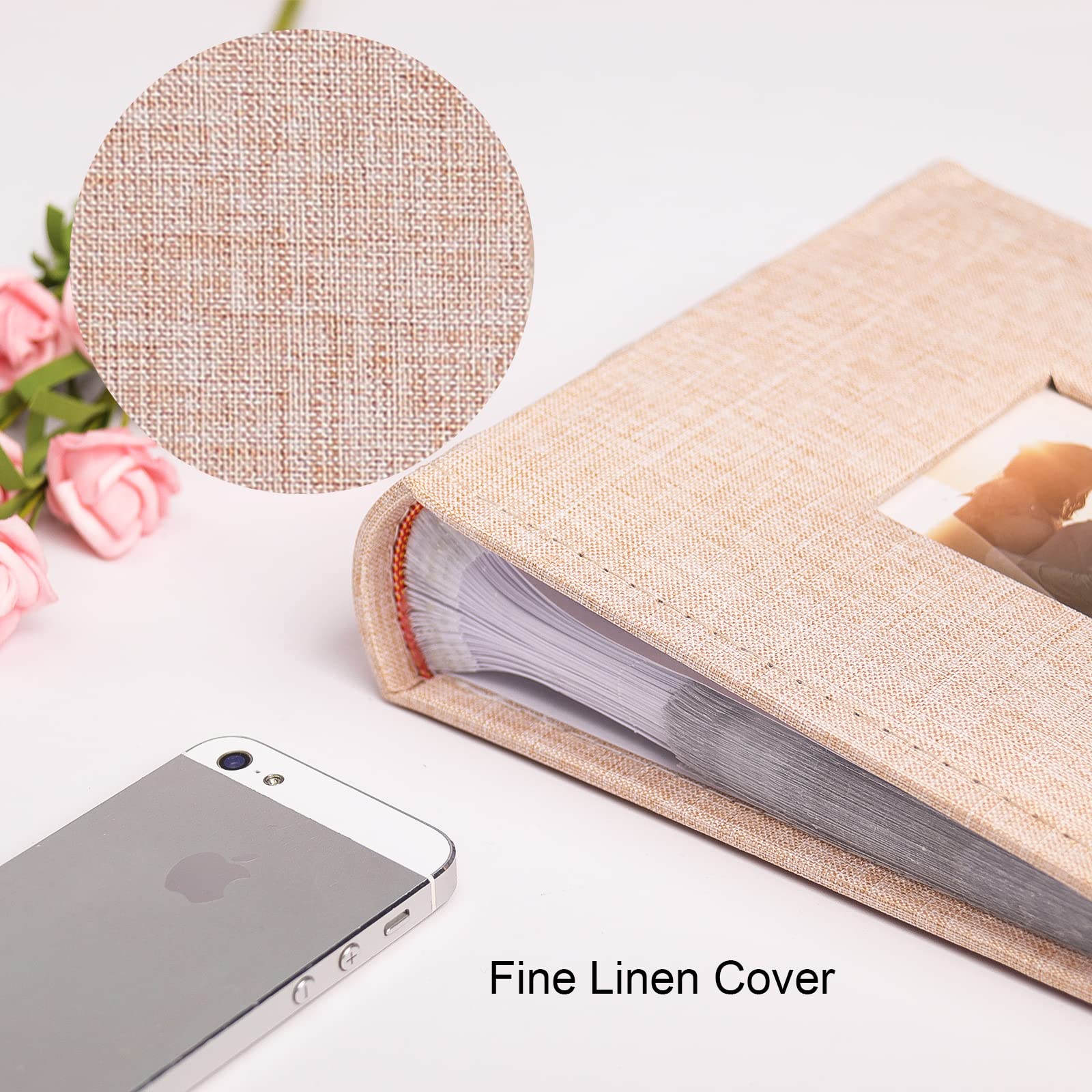Vienrose 4x6 Photo Album - Holds 200 Photos with Linen Frame Cover & Memo Areas - Large Capacity Slip-in Picture Book for Wedding, Baby, Vacation Memories - Perfect for Scrapbooking & Home Décor (Khaki)