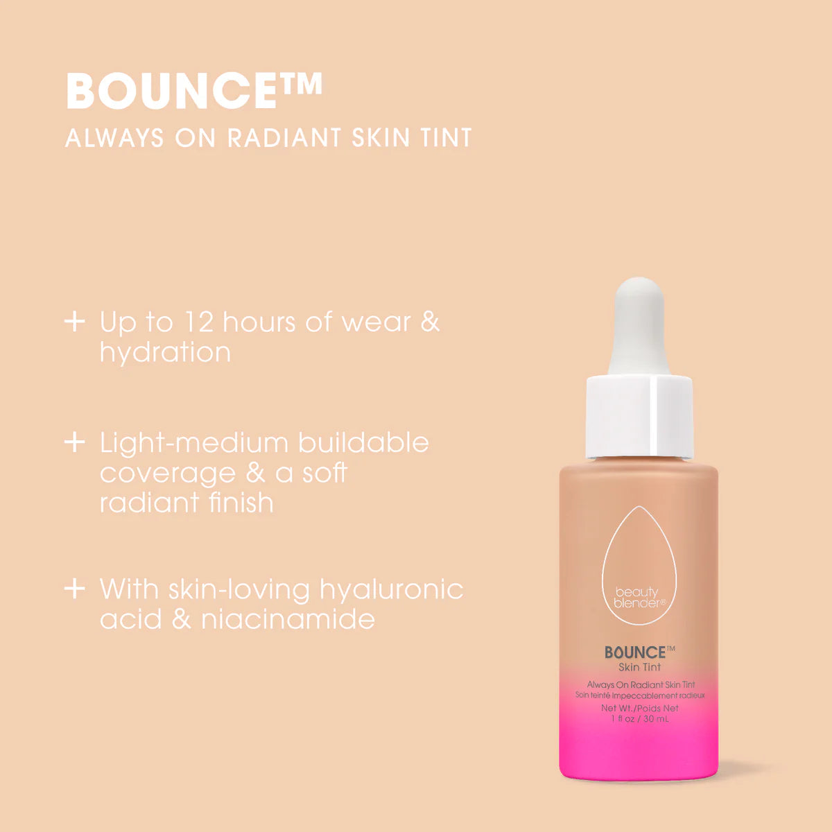 Beautyblender Bounce™ 12-Hour Always On Radiant Skin Tint Serum with Color - Lightweight Foundation for Flawless, Long-Lasting Coverage - Perfect for Daily Wear & Special Occasions