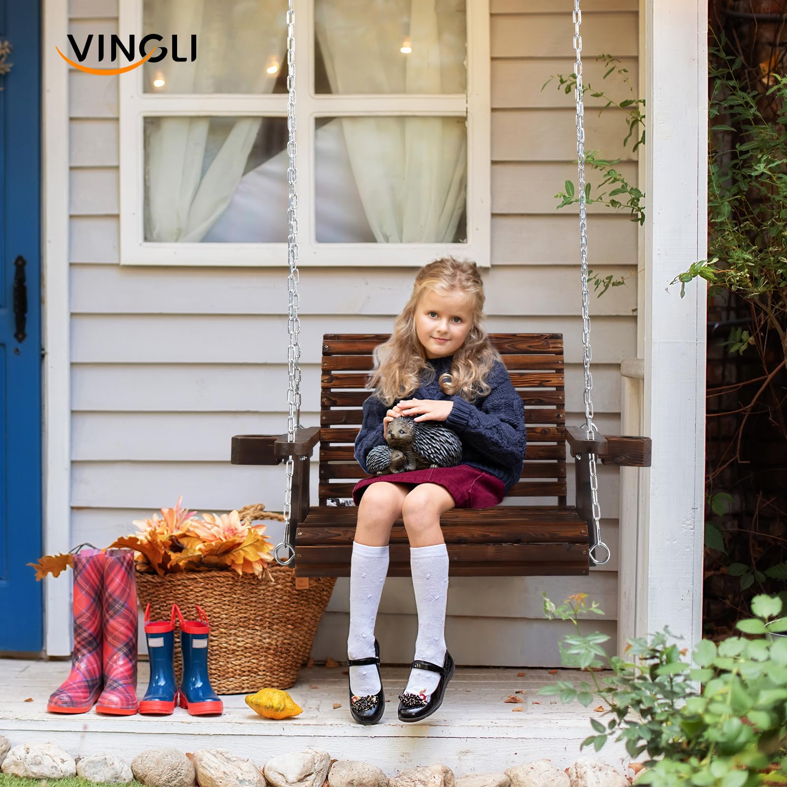 VINGLI Heavy Duty 440 LBS Capacity Wooden Porch Swing - Single Person Outdoor Swing with Deep Seat, High Backrest & Cup Holder - Rustic Patio Swing for Adults & Kids - Perfect for Porch, Yard, Balcony, Garden & Tree Hanging (Great for Relaxing, Reading & Outdoor Lounging)