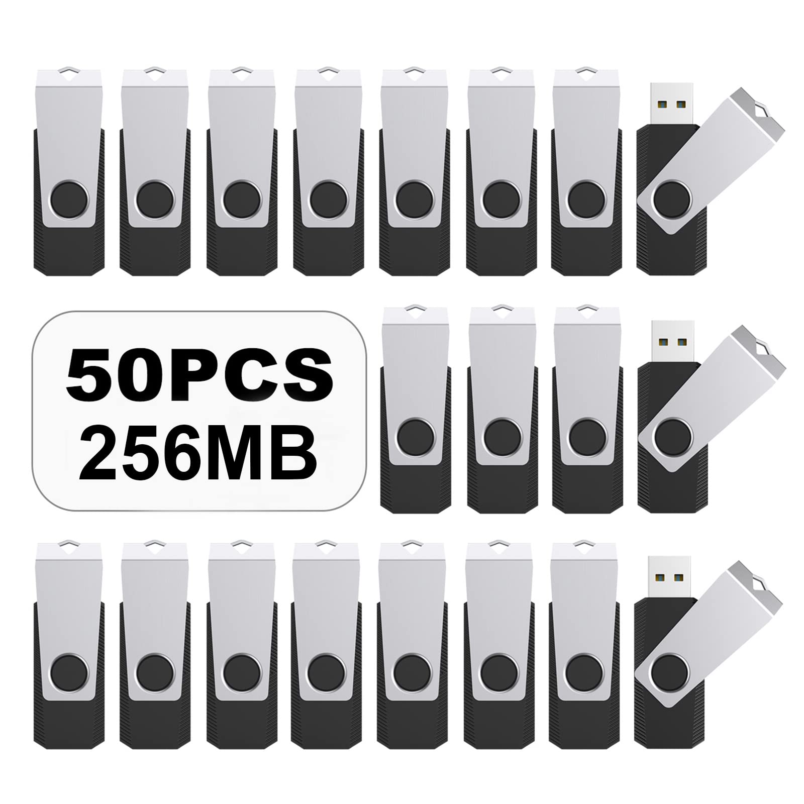 TOPESEL 50 Pack 256MB USB 2.0 Flash Drives - Bulk USB Memory Sticks with Swivel Design, Black Thumb Drives for Data Storage, File Transfer, School & Office Use