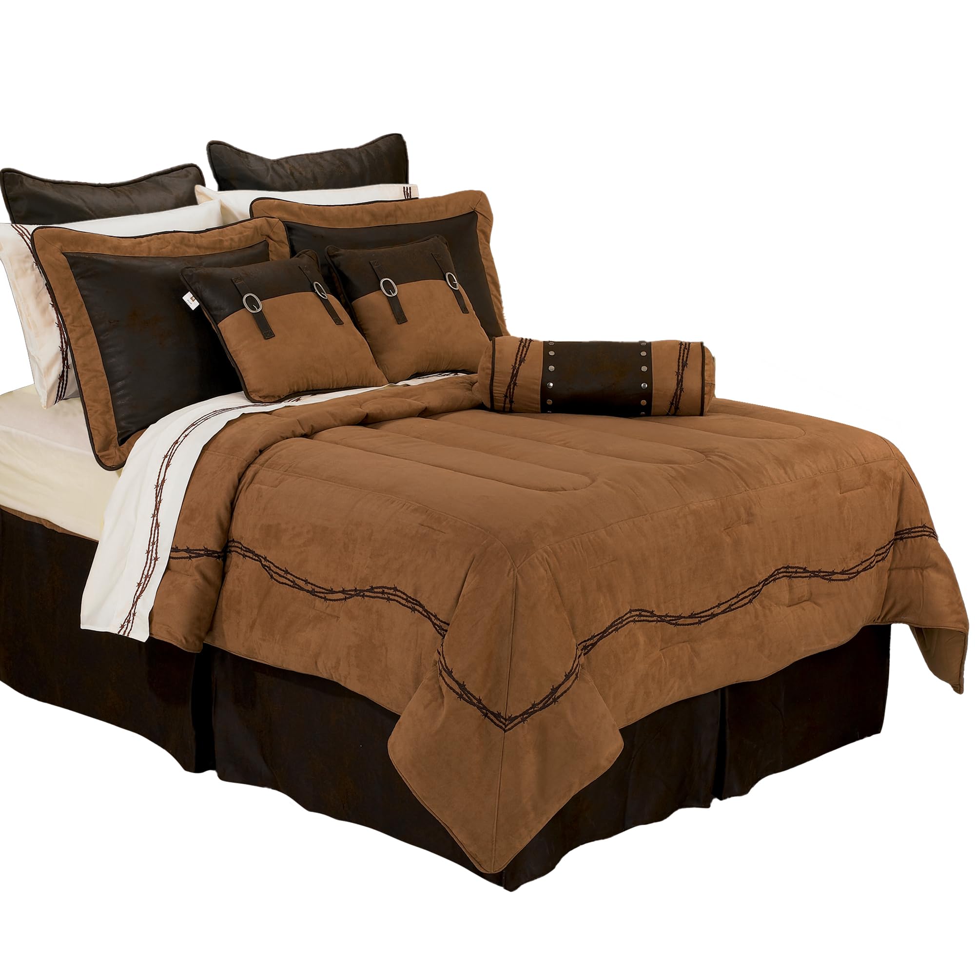 HiEnd Accents Barbwire Western Bedding 5-Piece Twin Comforter Set - Tan Faux Leather Rustic Cabin Theme with Bed Skirt, Sham & Decorative Pillows | Warm Winter Bedding for Cozy Cabin Retreats & Western-Themed Bedrooms