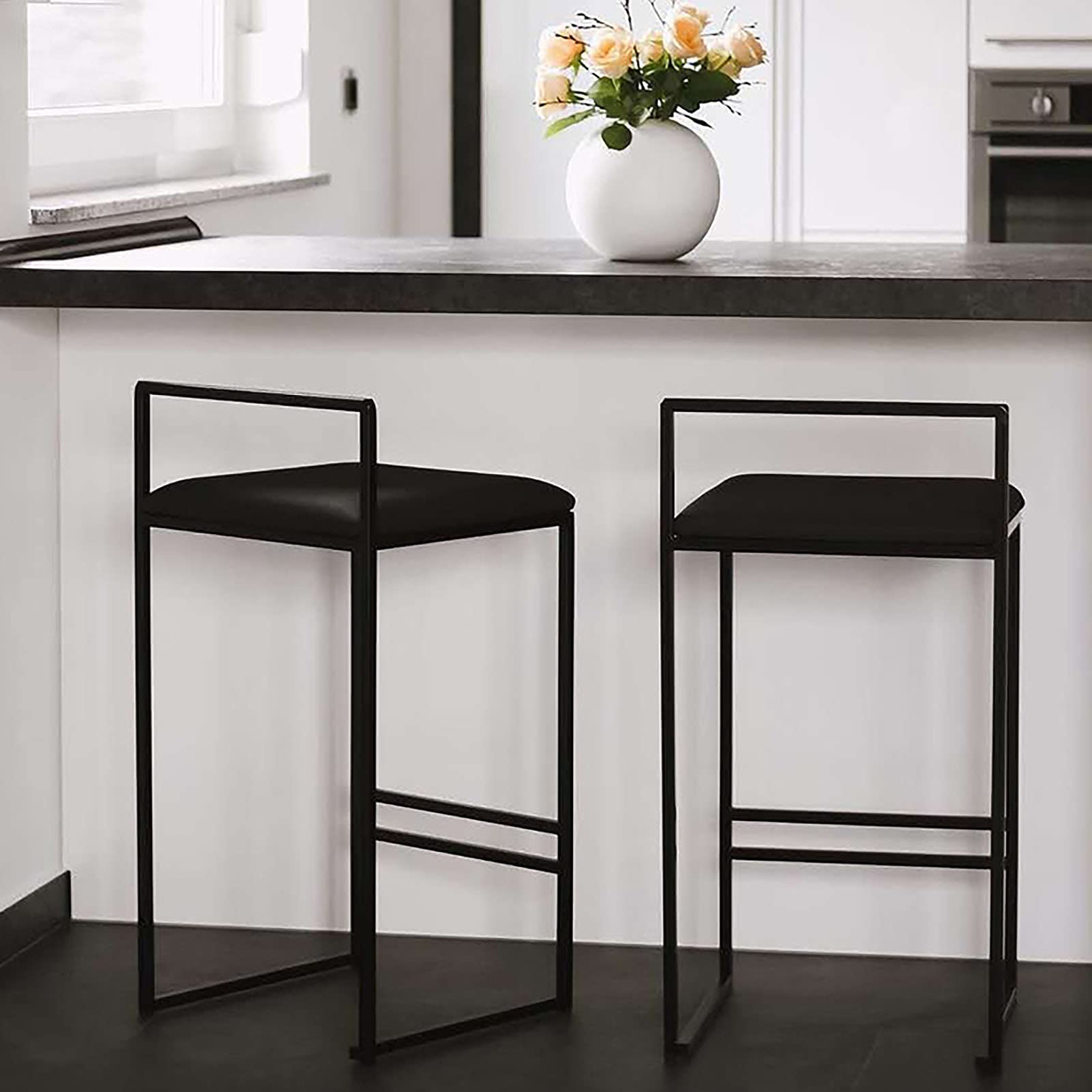 2-Pack 25.5 Inch Black Bar Stools with Metal Frame & Footrest - Counter Height Kitchen Stools for Breakfast Bar, Dining, Home Decor & Small Spaces