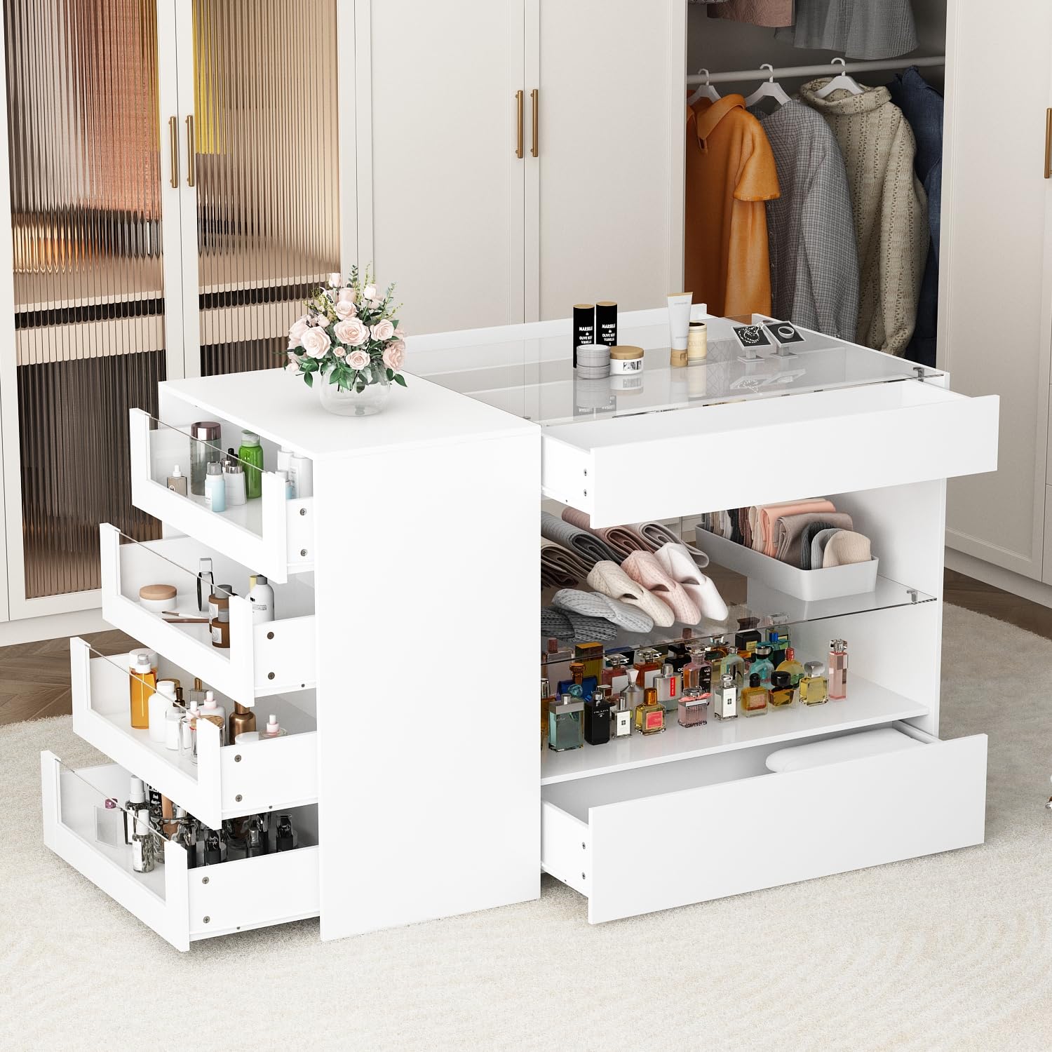 Homsee White Wooden Wardrobe Armoire with Glass Top & 6 Drawers - Bedroom Storage Cabinet with Open Shelves & Glass Display Shelf - Perfect for Bedroom Organization, Boutique Display, and Home Decor
