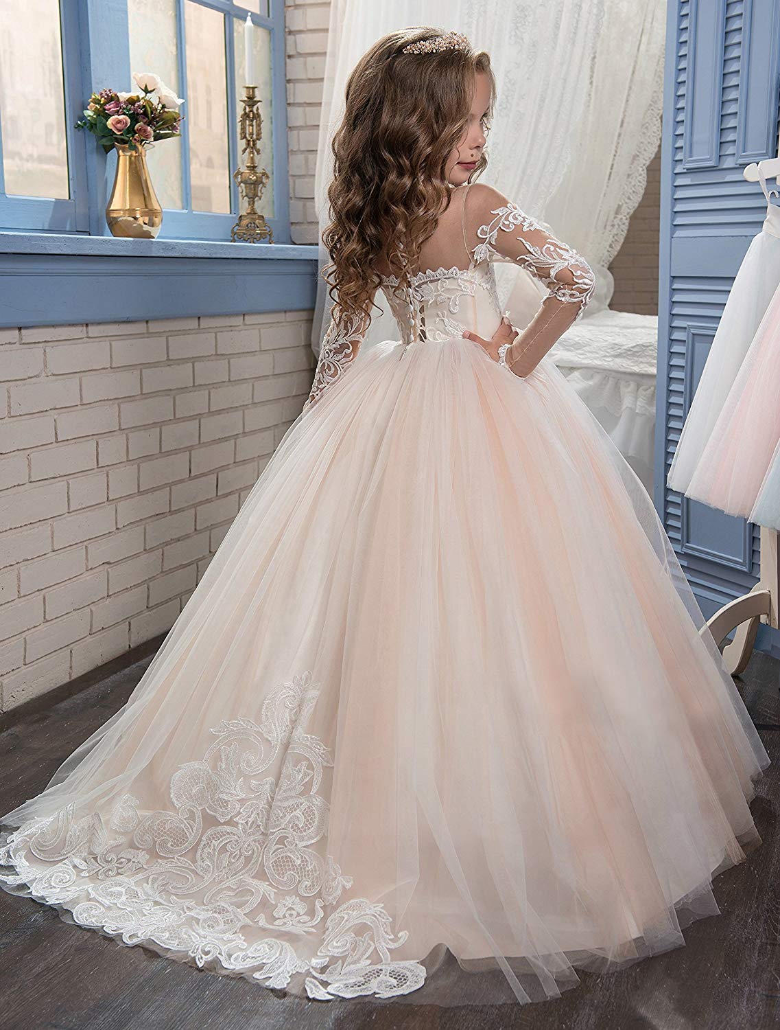 Lace Embroidery Sheer Long Sleeve Flower Girl Dresses for Kids - Perfect for Weddings, Baptisms & Special Occasions