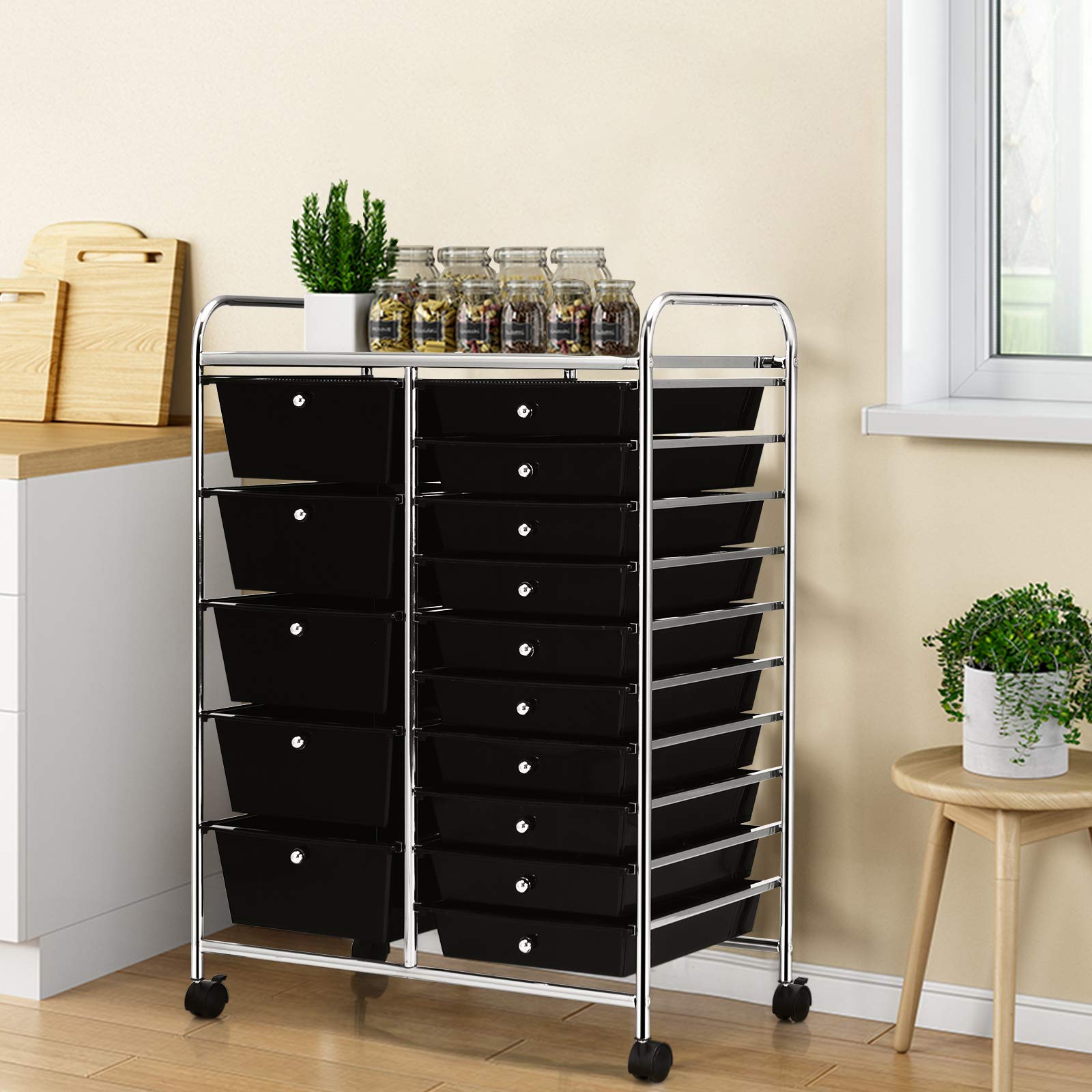 Byroce 15-Drawer Rolling Storage Cart - Mobile Organizer for Art Supplies, School Tools & Office Paper - Multipurpose Wheeled Craft Cart for Classroom, Home & Office (Black) | Perfect for Teachers, Artists & Home Organization