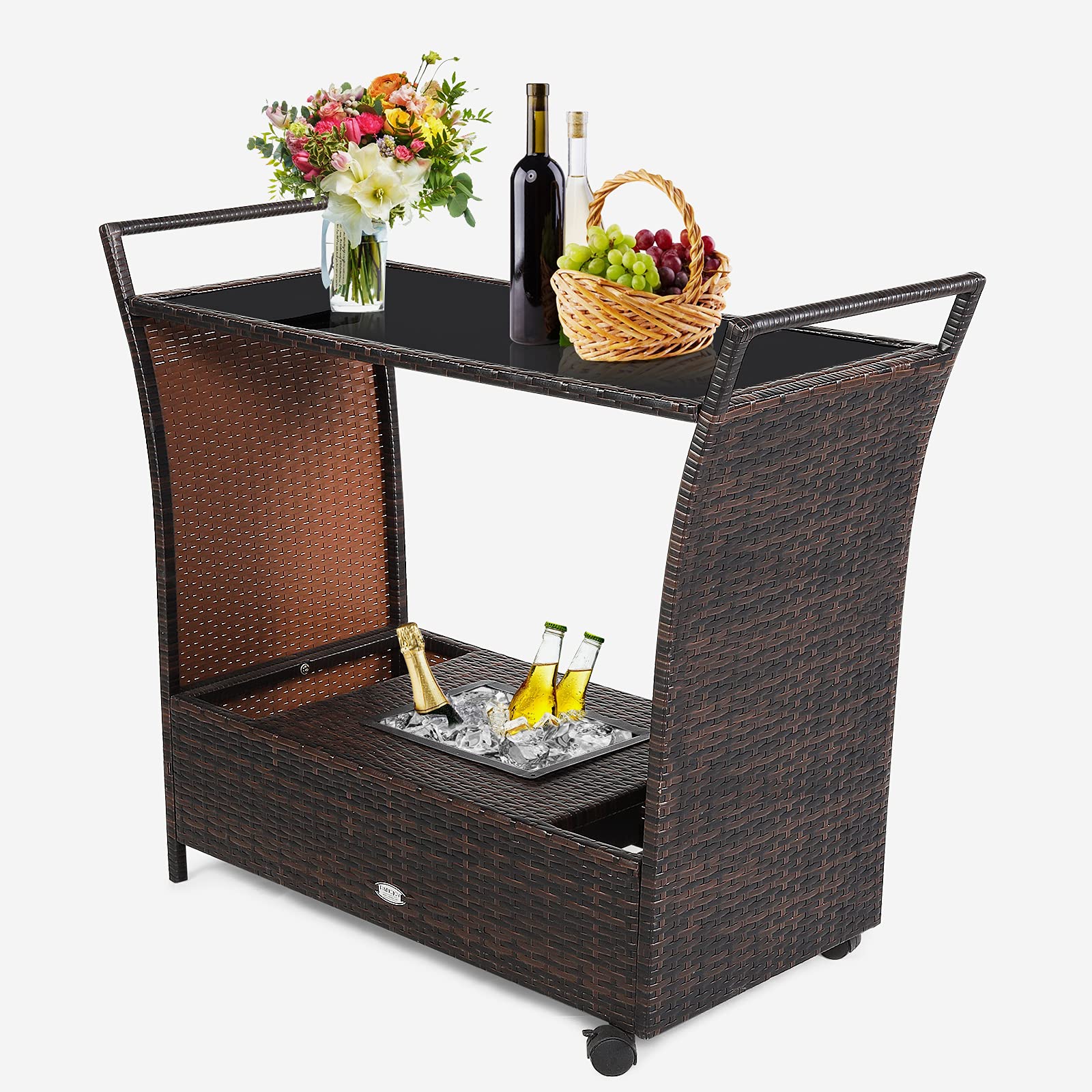 RELAX4LIFE Outdoor Wicker Bar Cart with Removable Ice Bucket & Glass Top - Patio Serving Table with Wheels & Storage Compartments - Rattan Rolling Trolley for Pool, Backyard, Porch, Garden Parties & Outdoor Entertaining - Brown