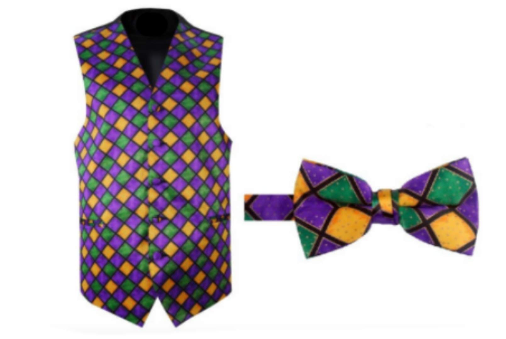 David's Formal Wear Mardi Gras Harlequin Tuxedo Vest and Bow Tie Set - Large Tall Size for Men | Perfect for Costume Parties, Masquerade Balls & Themed Events
