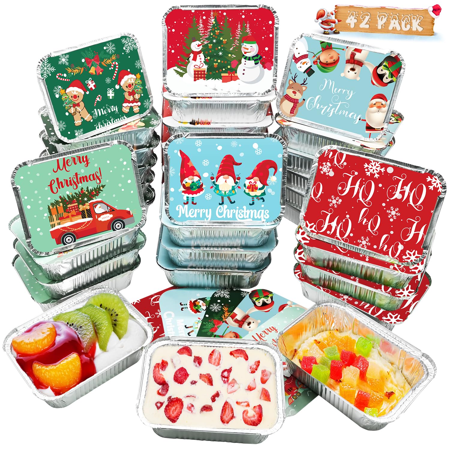 42-Piece Christmas Foil Food Storage Containers with Lids | Disposable Santa-Themed Aluminum Pans for Baking, Cooking & Holiday Parties | Perfect for Leftovers, Meal Prep & Festive Gatherings