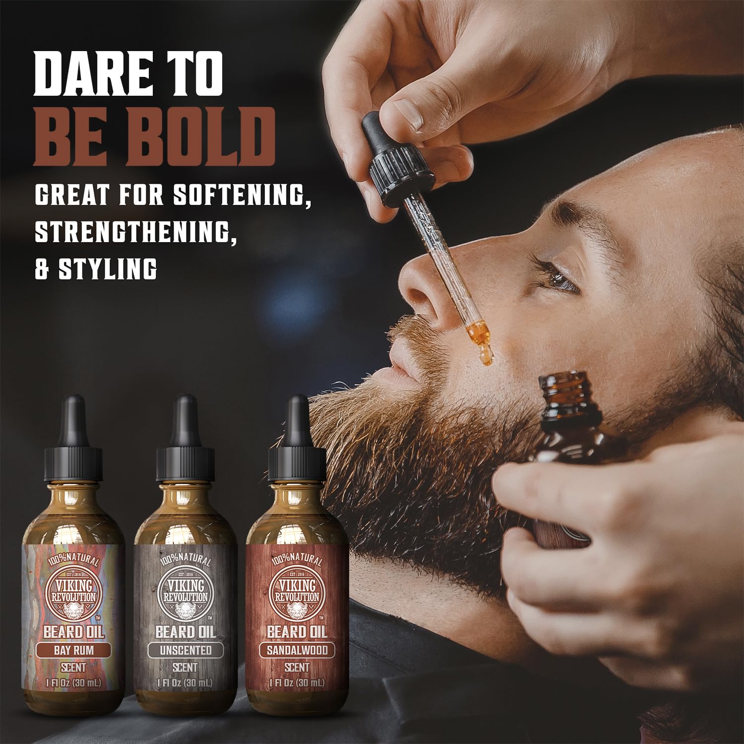 Viking Revolution Beard Oil for Men 3 Pack - Natural Sandalwood, Unscented & Bay Rum Beard Oil Set - Conditioning & Moisturizing Treatment for Healthy Facial Hair - Perfect for Daily Grooming, Beard Care Routine & Gift for Men (3 x 1oz)