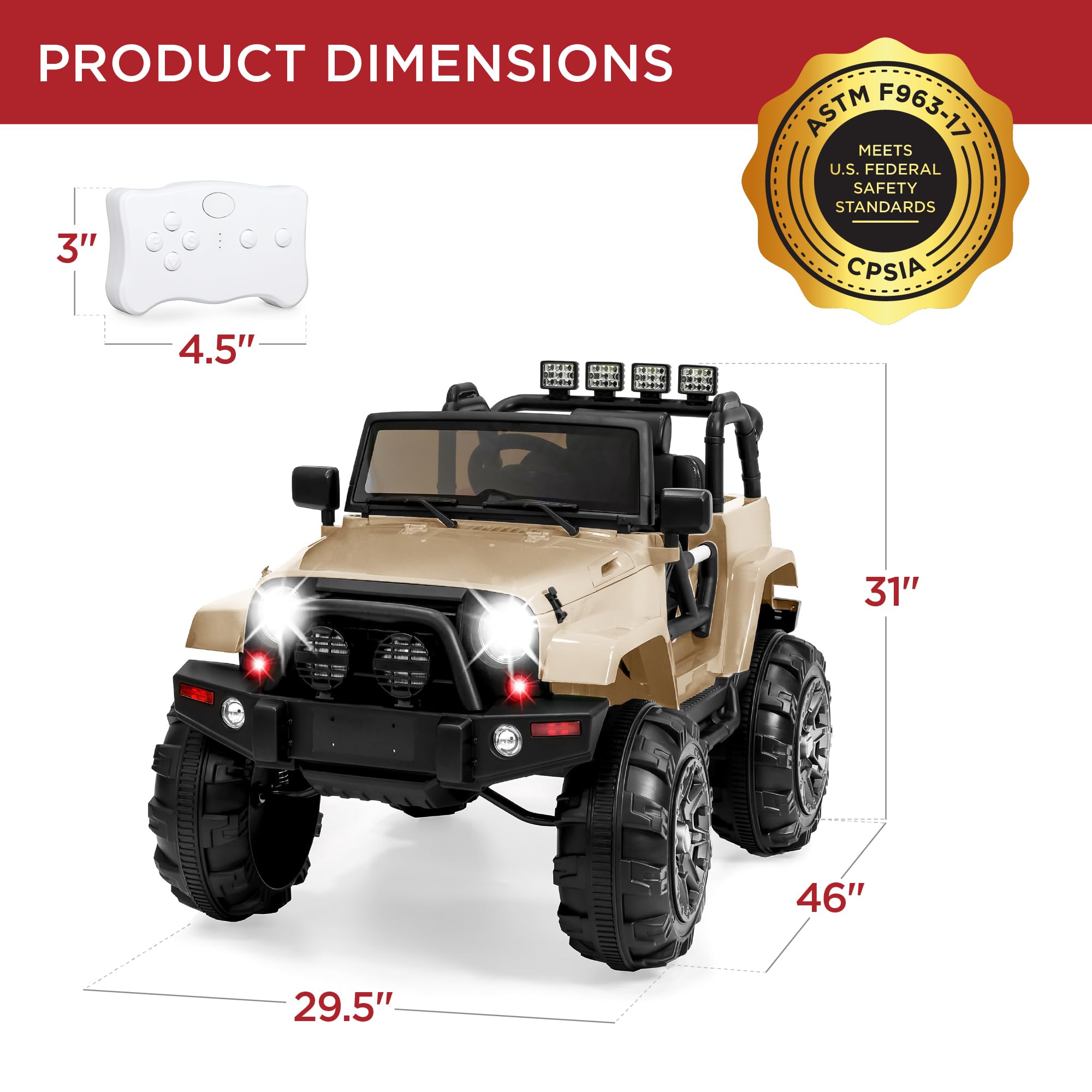Best Choice Products 12V Kids Ride On Truck - Battery Powered Toy Car with Spring Suspension, Parent Remote Control, 3 Speed Settings & LED Lights - Bluetooth Music, Sand Color - Perfect for Outdoor Play & Birthday Gifts