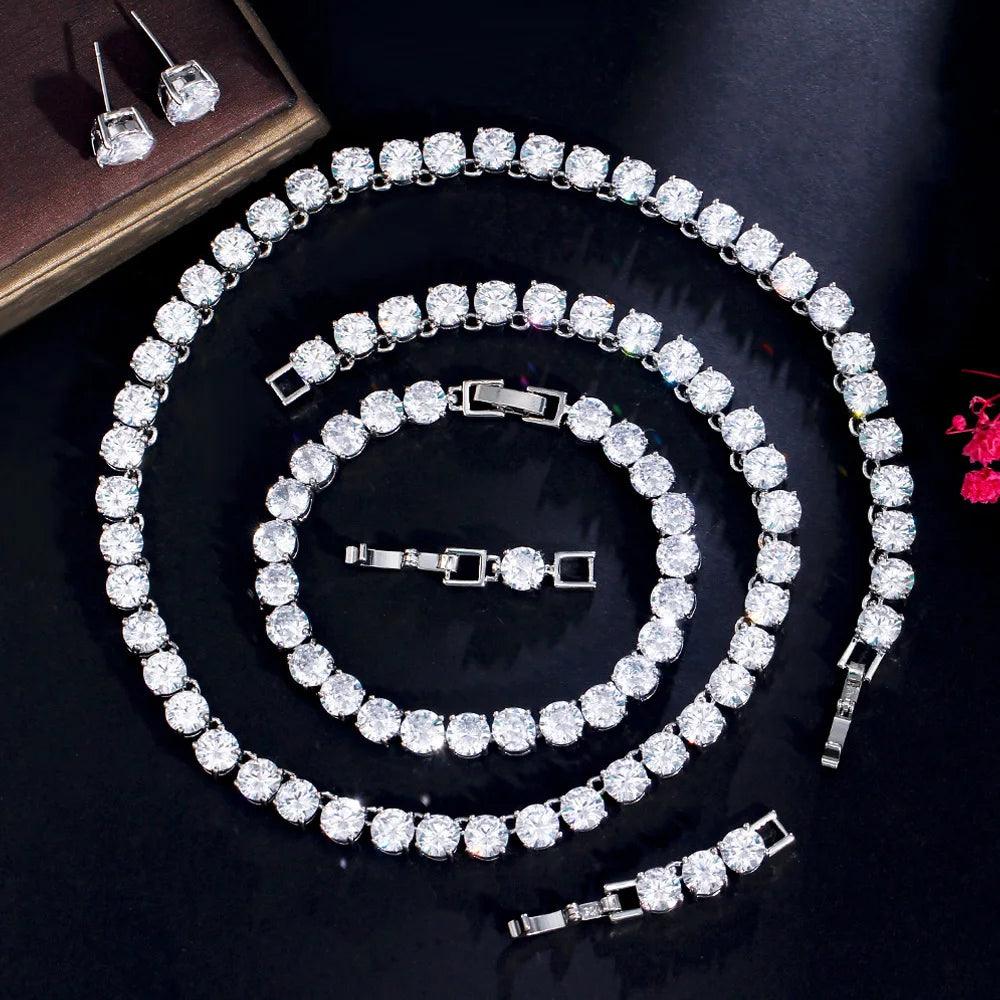 Sparkling White CZ Crystal Bridal Jewelry Set - Choker Necklace, Earrings & Bracelet (3 Pcs) | Perfect for Weddings, Prom, Anniversary & Formal Events