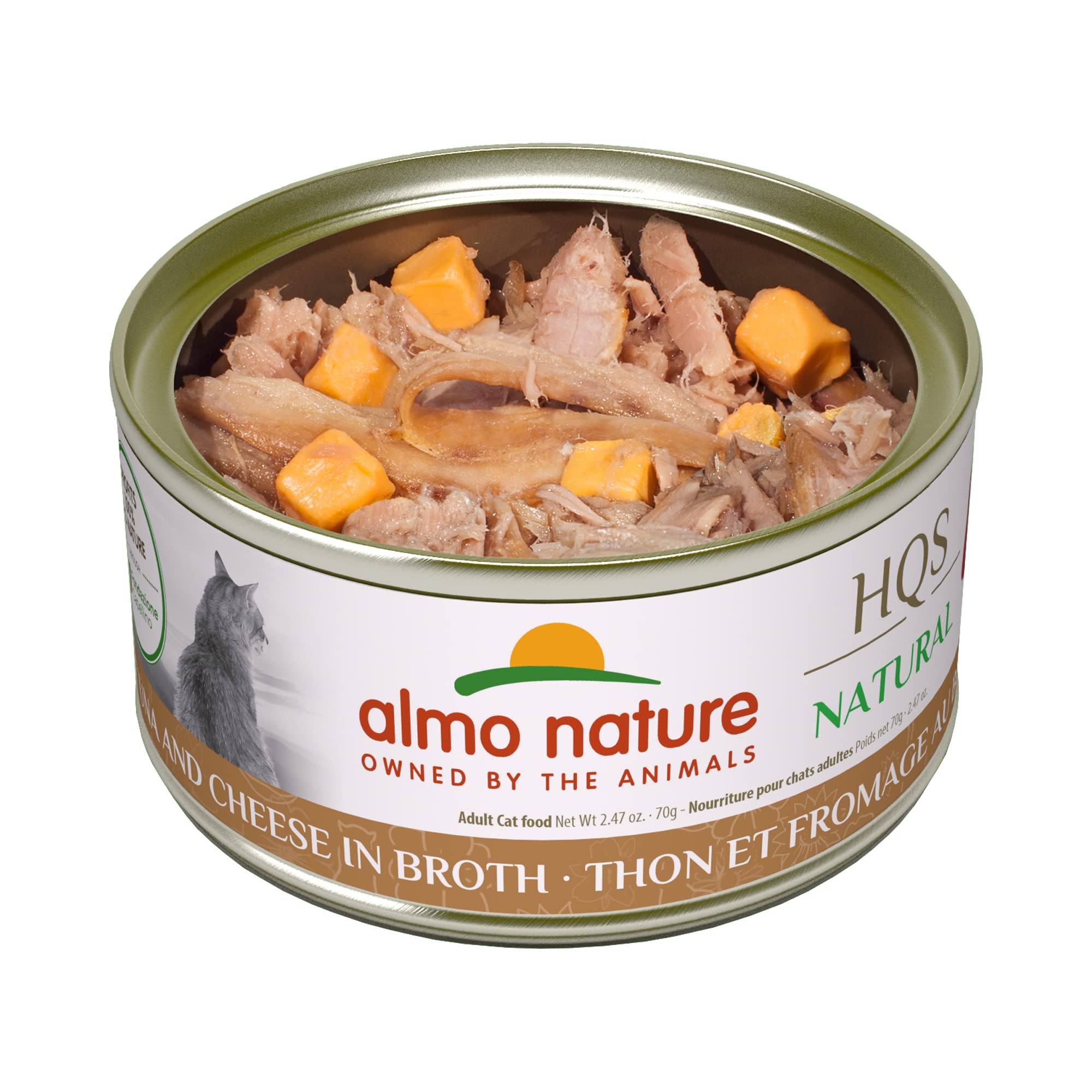 Almo Nature HQS Natural Tuna & Cheese in Broth Grain-Free Wet Cat Food - Additive-Free Shredded Recipe for Adult Cats (24 x 2.47oz Cans) - Perfect for Picky Eaters & Sensitive Stomachs