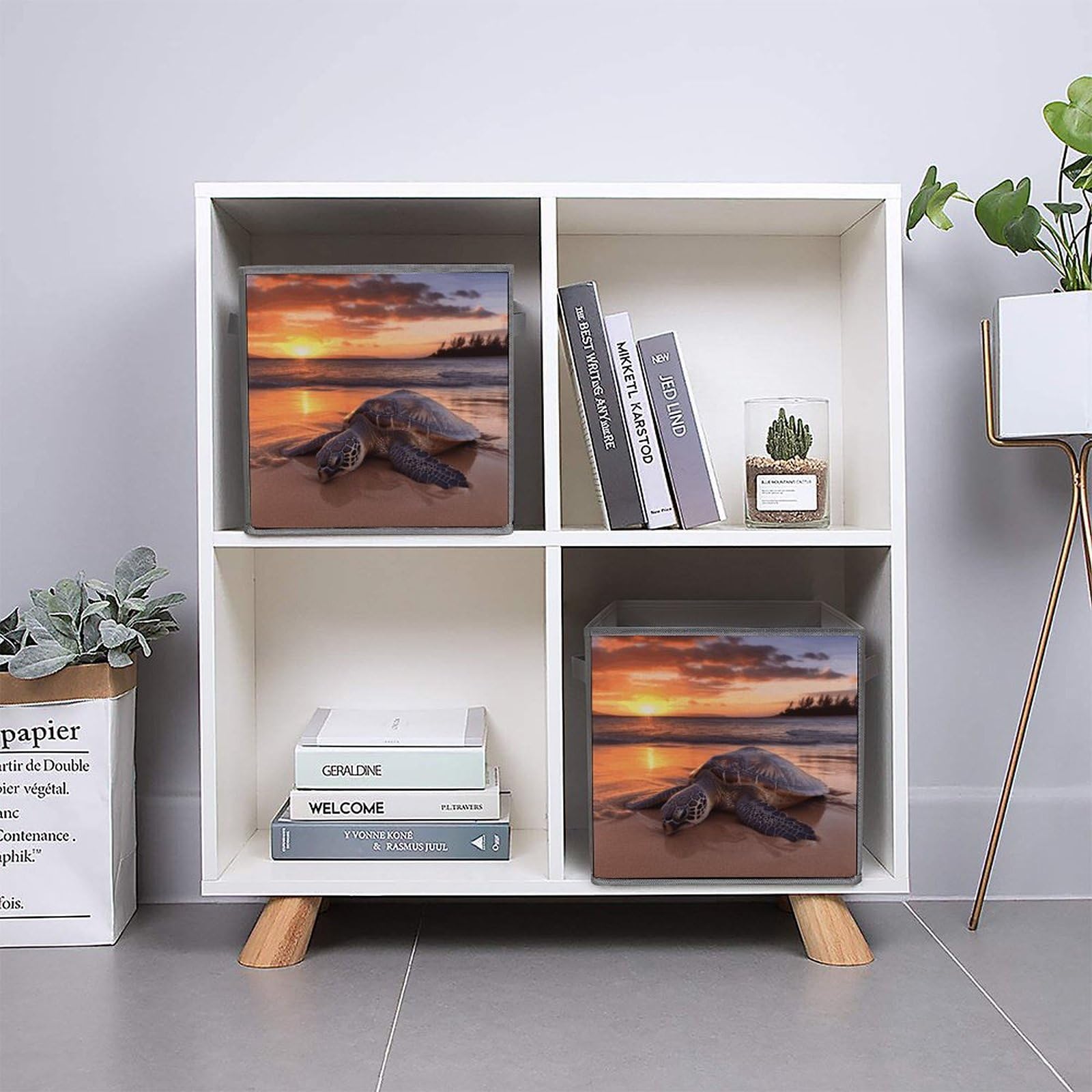 Large Collapsible Sea Turtle Sunset Storage Bins - 2-Pack Foldable Closet Organizer Cubes with Handles for Home & Office Organization | Perfect for Bedroom, Kids' Room, and Underbed Storage