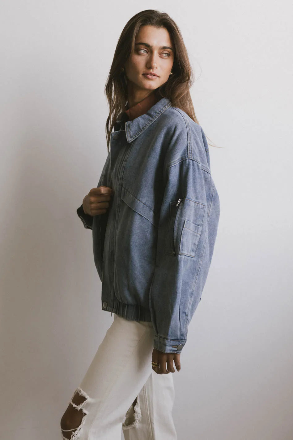 Maeve Women's Denim Bomber Jacket - Stylish Lightweight Casual Outerwear for Spring & Fall | Perfect for Everyday Wear, Date Nights & Weekend Outings