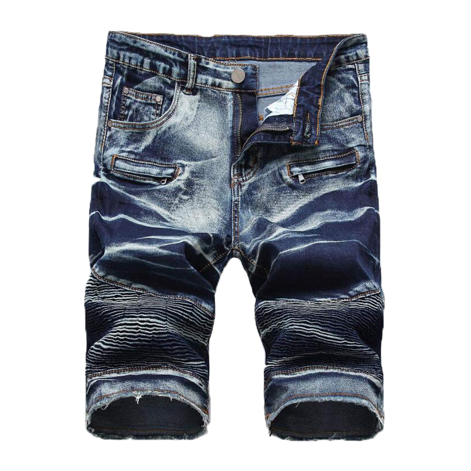 Men's Stretch Denim Pleated Jean Shorts - Summer Moto Biker Style Casual Shorts for Outdoor Activities & Streetwear Fashion