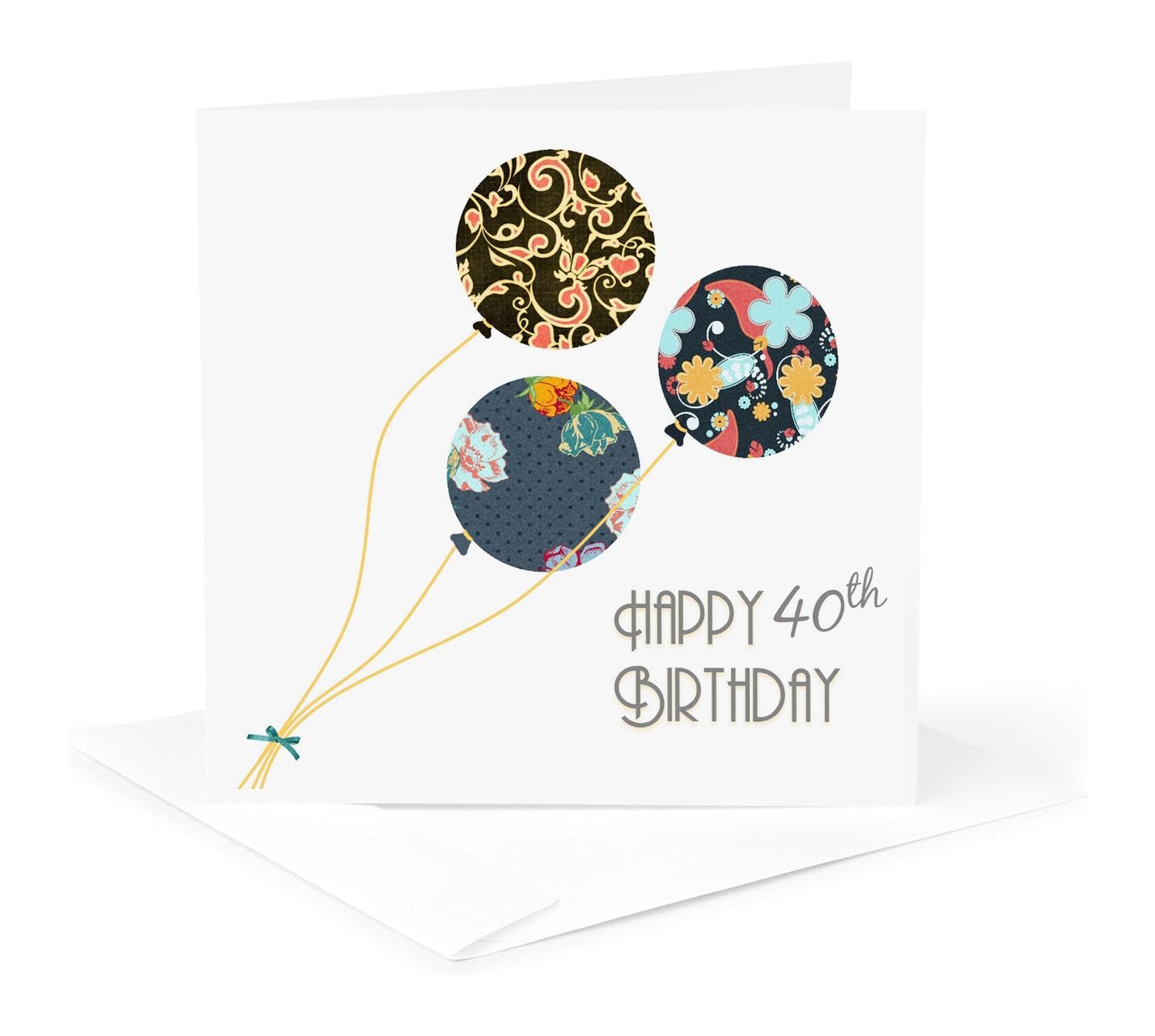40th Birthday Floral Balloons Greeting Card - Black, Brown, Blue - 6x6 Inches Single Card for Women & Men - Perfect for Milestone Celebrations & Party Decorations