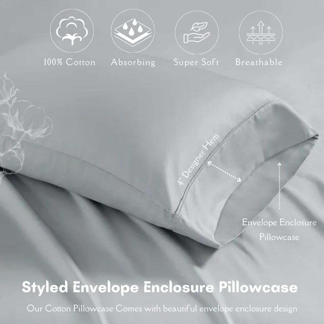 Premium 100% Long Staple Combed Cotton Pillowcases - Cooling Standard Size 20x30 Inches (Set of 2) - Light Grey Solid with 4-Inch Hem - Breathable & Soft for Better Sleep - Perfect for Bedroom, Guest Room & Travel