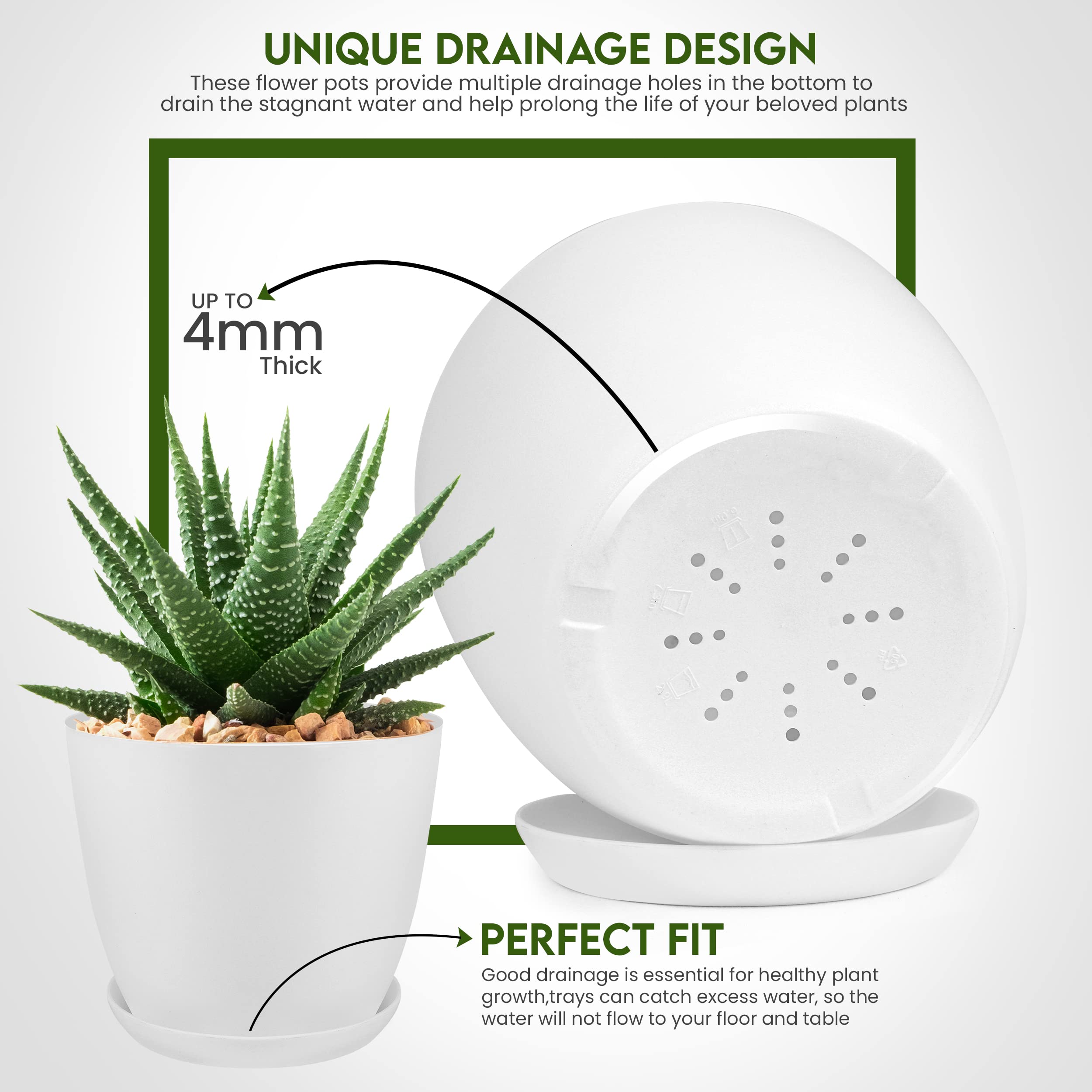 Utopia Home 5-Pack White Plastic Plant Pots with Drainage - 7/6.6/6/5.3/4.8 Inch Indoor Flower Planters for Succulents, Herbs & Houseplants - Perfect for Home Decor, Christmas Stocking Stuffers & Gardening Gifts