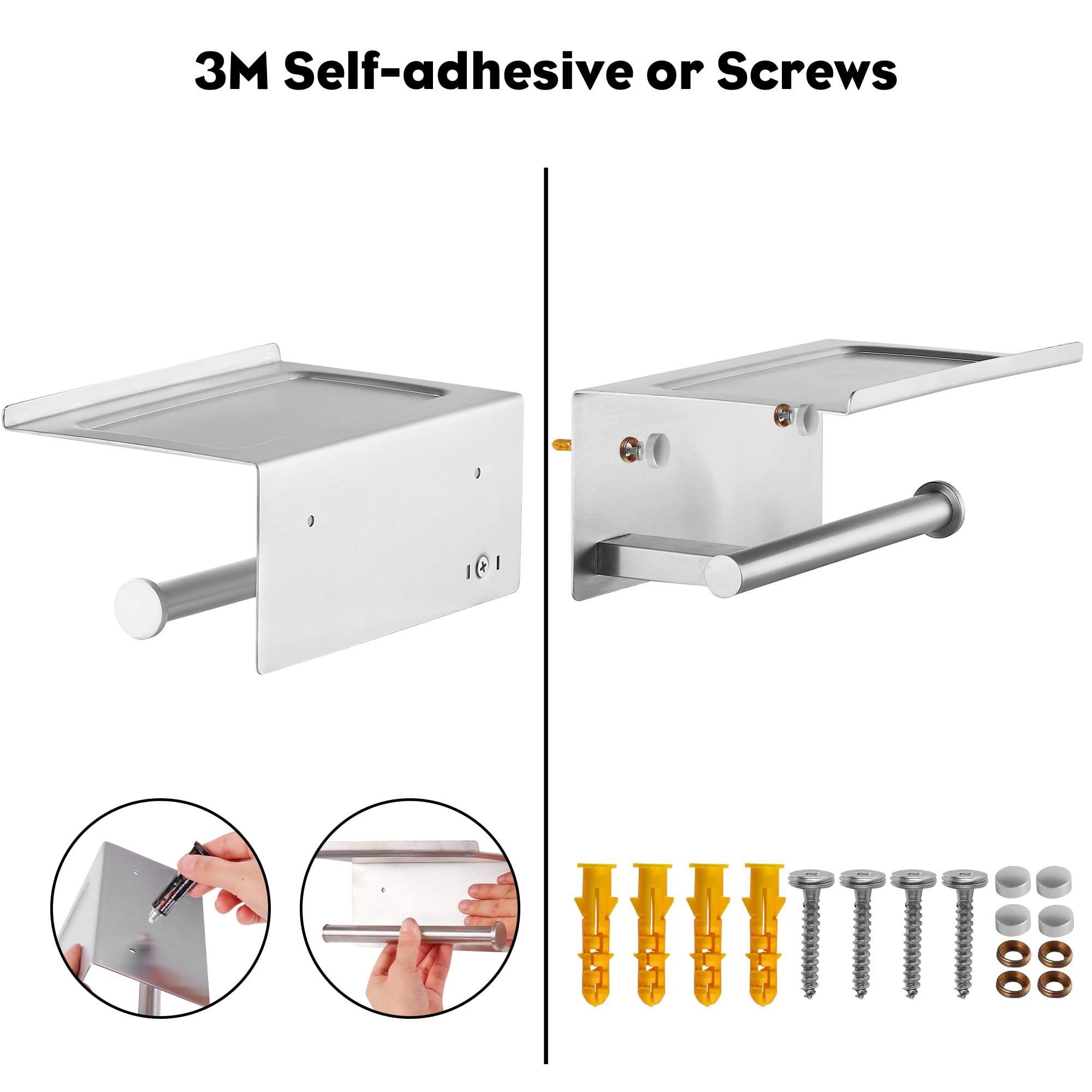 Wall Mounted Toilet Paper Holder with Shelf - Brushed Stainless Steel Bathroom Tissue Roll Holder with Phone Storage | Adhesive & Screw Mounting for Bathroom, Kitchen, RV & Dorm Use
