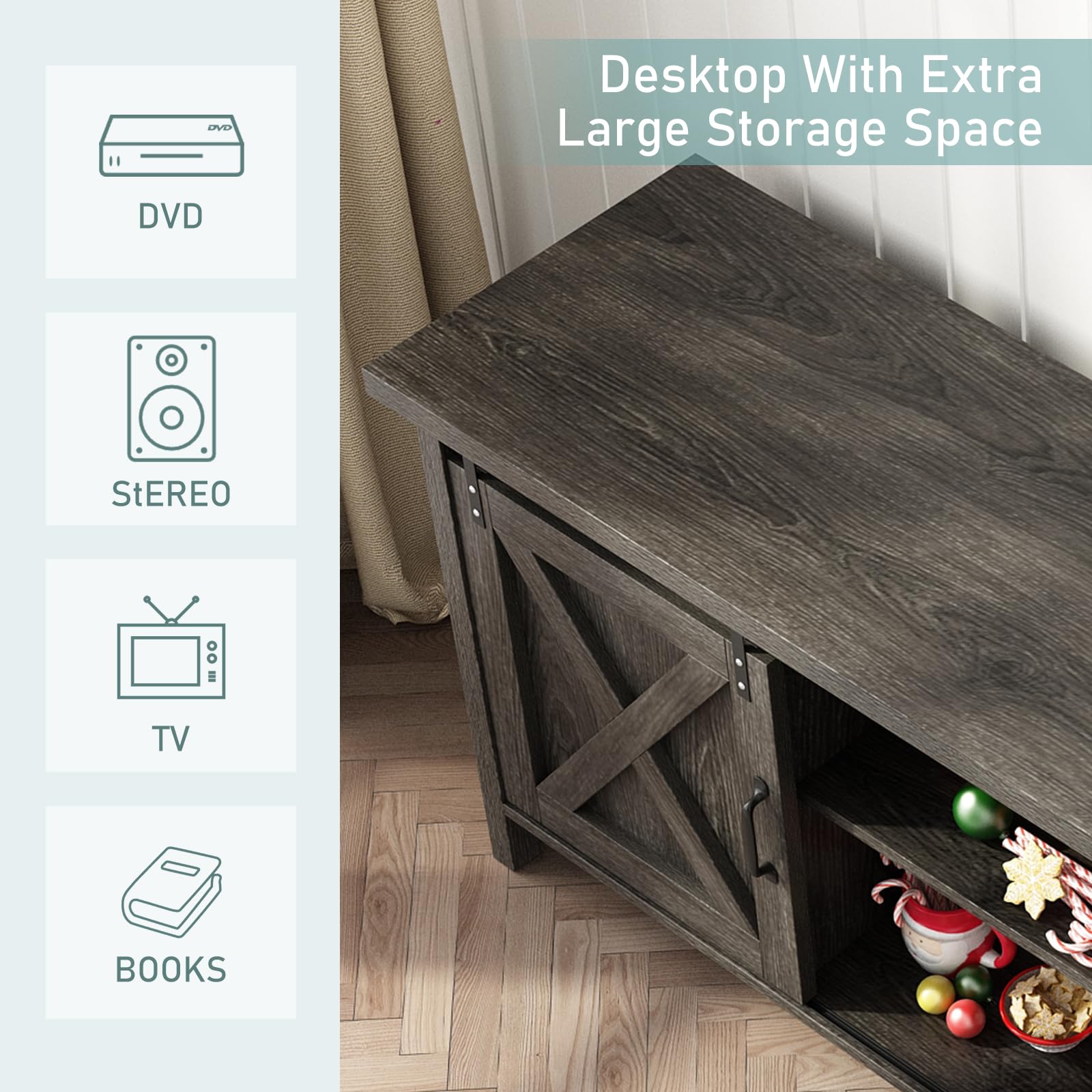 Rustic Farmhouse TV Stand for 50-65 Inch TVs with Adjustable Shelves & Sliding Barn Doors - Dark Grey Wooden Entertainment Center for Living Room, Bedroom (58 Inch) - Perfect for Modern Farmhouse Decor & Small Space Storage Solutions