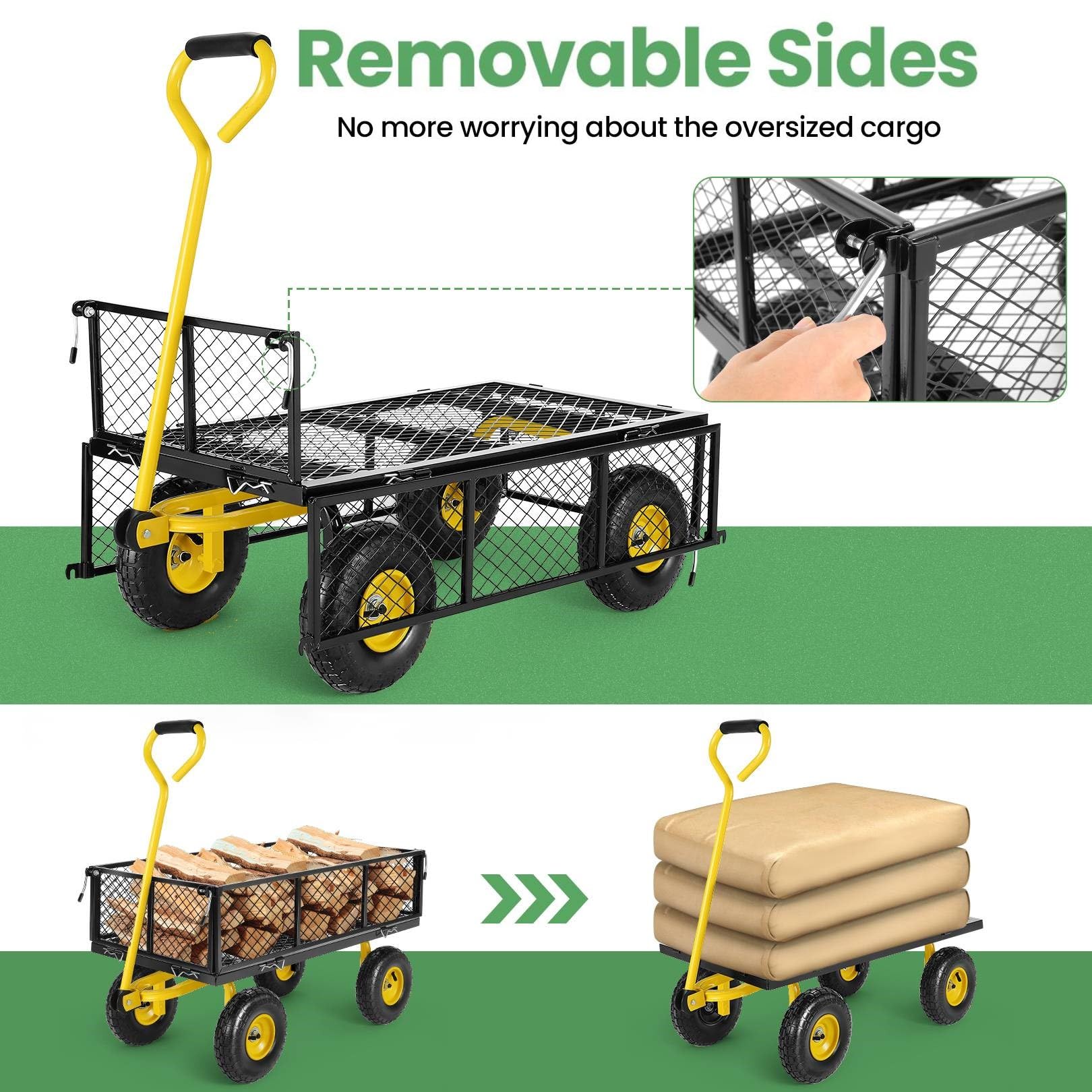 Homdox MAX 660LB Heavy Duty Foldable Garden Cart - 180° Rotating Handle Pullable Wagon with Mesh Sides | Collapsible Yard Utility Cart for Gardening, Beach, Farm & Outdoor Use | Yellow