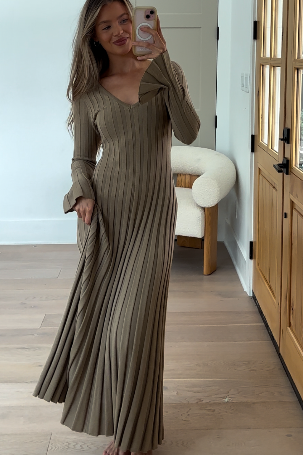 Hadley Long Sleeve V Neck Knit Maxi Dress for Women - Elegant Dune Color, Flowy Boho Style, Comfortable Stretchy Fabric | Perfect for Fall, Winter, Date Night, Office Wear and Special Occasions