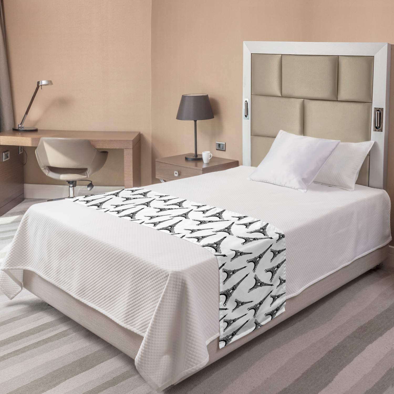 Ambesonne Eiffel Tower Bed Runner - Monochrome Parisian Style Decorative Bedding Scarf for Hotels, Homes & Guest Rooms | Charcoal Grey & White Digital Print | Perfect for French-Themed Bedrooms & Romantic Home Decor