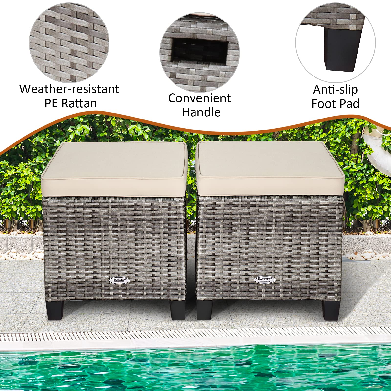 RELAX4LIFE 2-Piece Outdoor Rattan Ottoman Set with Cushions - All-Weather Wicker Patio Furniture with 2 Footrest Stools, Durable Steel Frame for Backyard, Garden, Poolside & Deck (White)