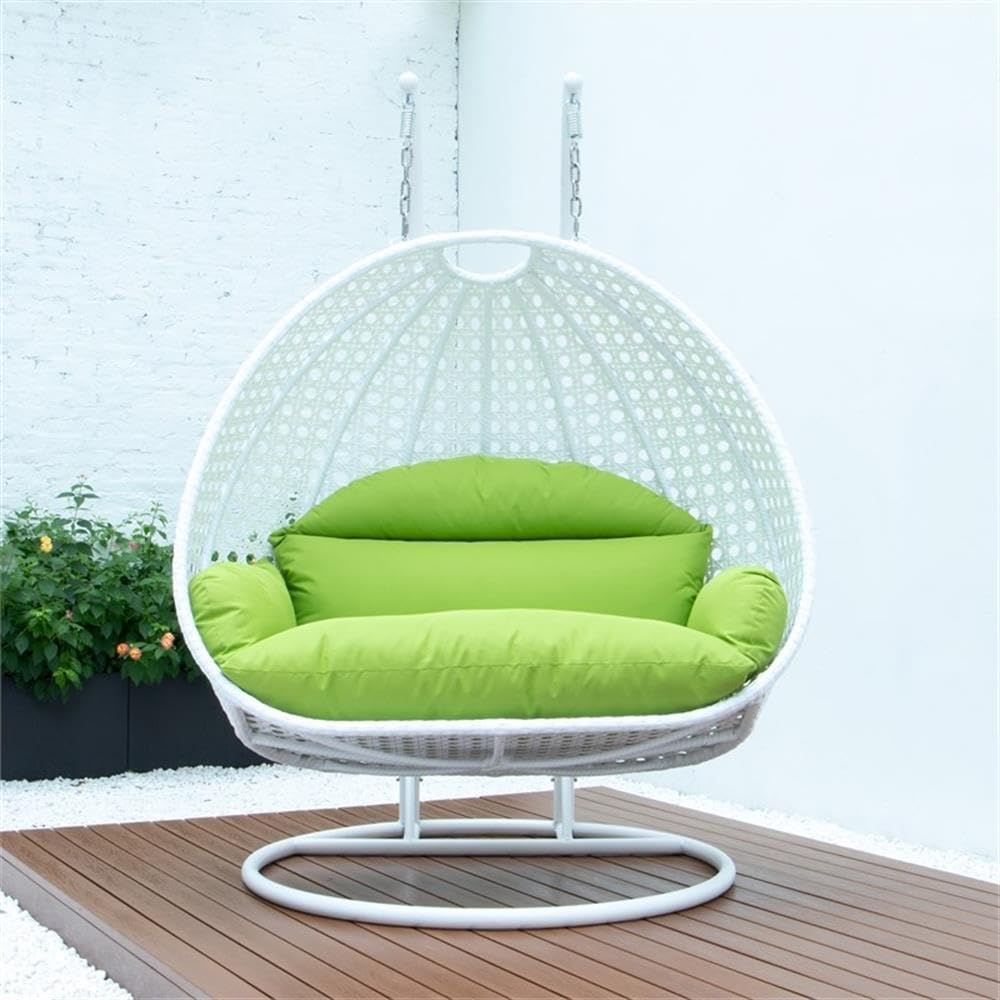 LeisureMod 2-Person Wicker Egg Chair - Outdoor/Indoor Hanging Swing with White Stand & UV-Resistant Cushions (Light Green) - Perfect for Patio, Garden, Bedroom or Balcony Relaxation