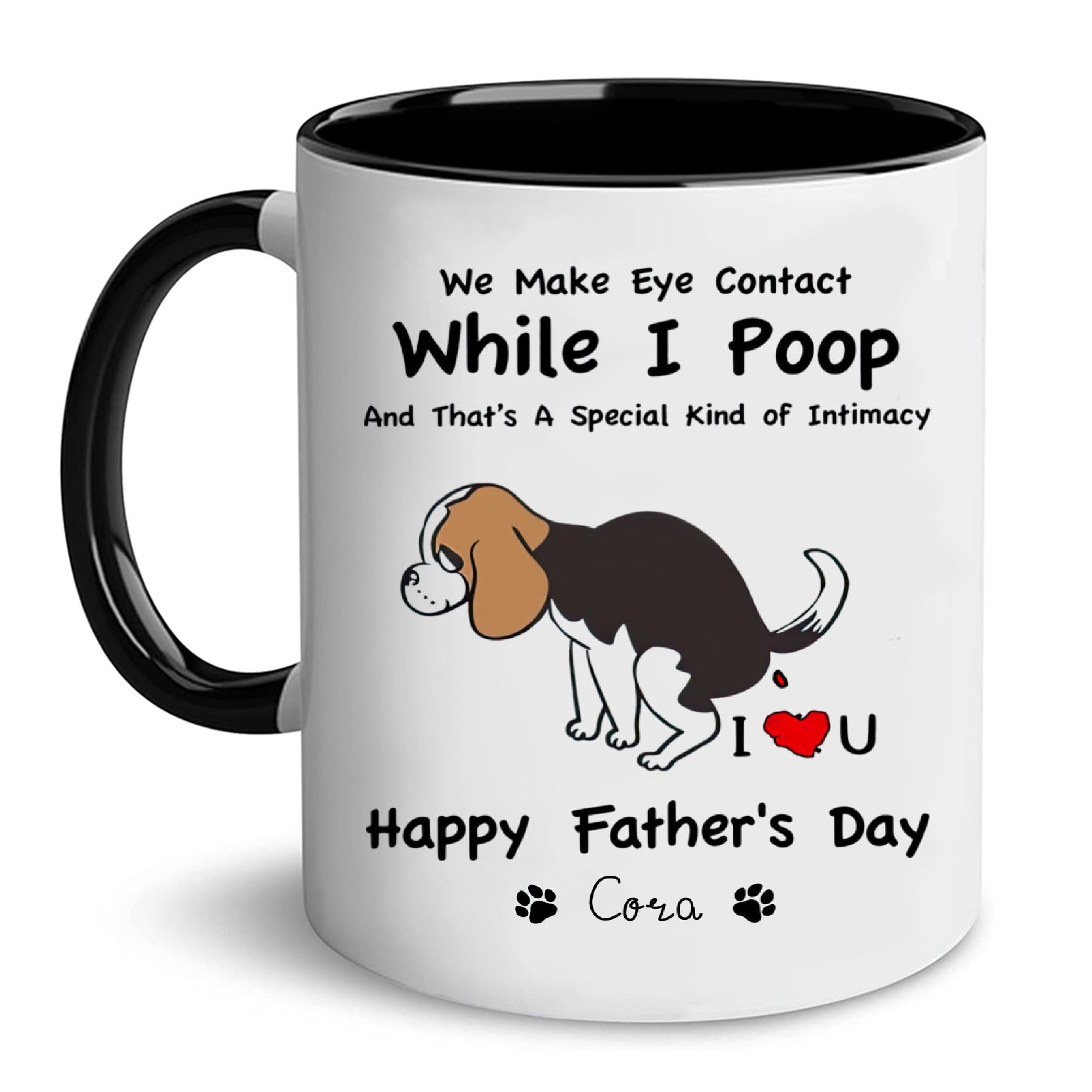Custom We Make Eye Contact While I Poop Mug - Funny 11oz Coffee Cup for Dog Moms, Pet Lovers & Dog Lovers - Personalized Name Gift for Mother's Day, Birthday - Perfect for Coffee, Tea & Office Humor