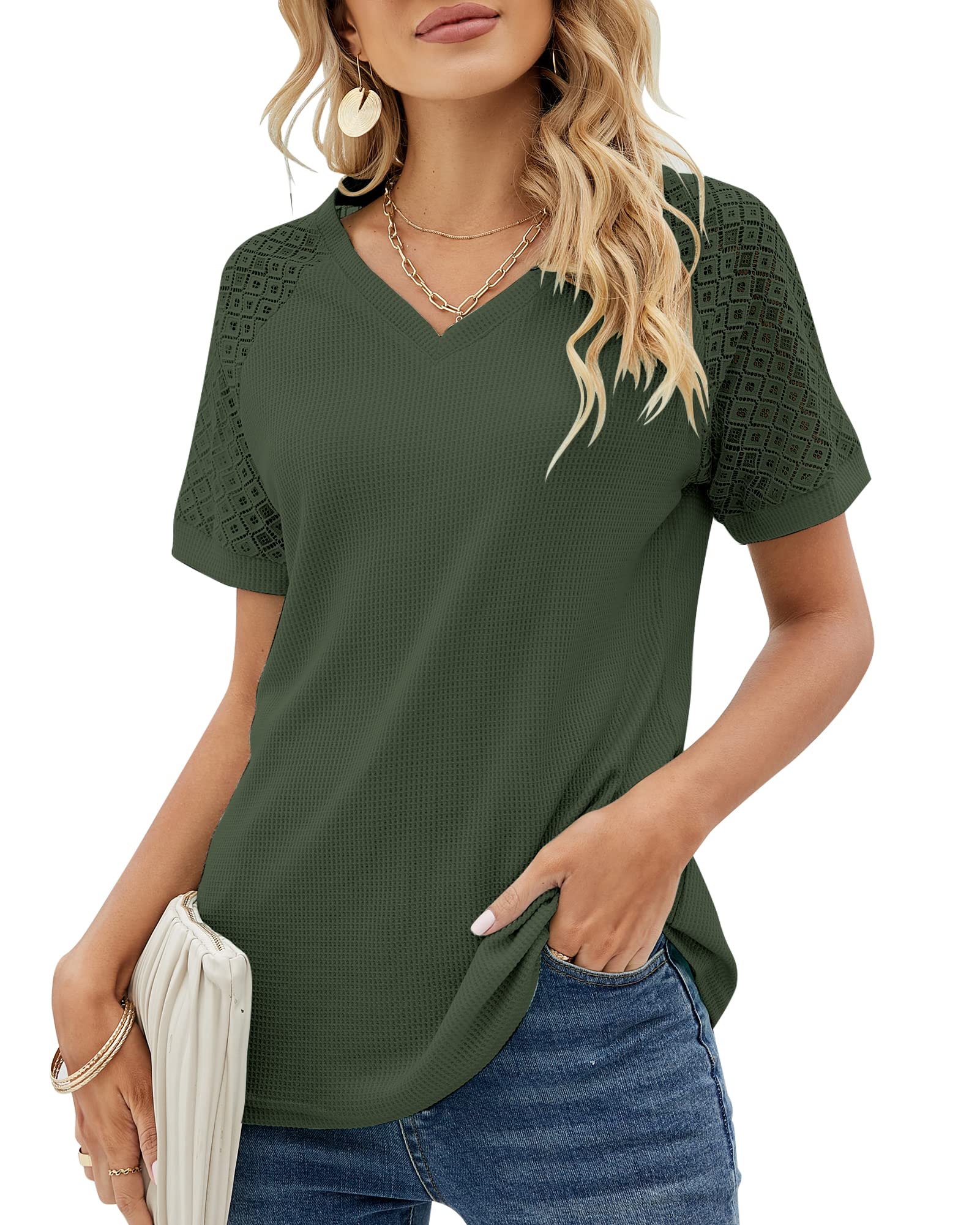 Women's V-Neck Lace Short Sleeve Loose T-Shirt - Summer Casual Waffle Knit Blouse Tunic Top for Women - Perfect for Beach Outings, Date Nights & Everyday Wear