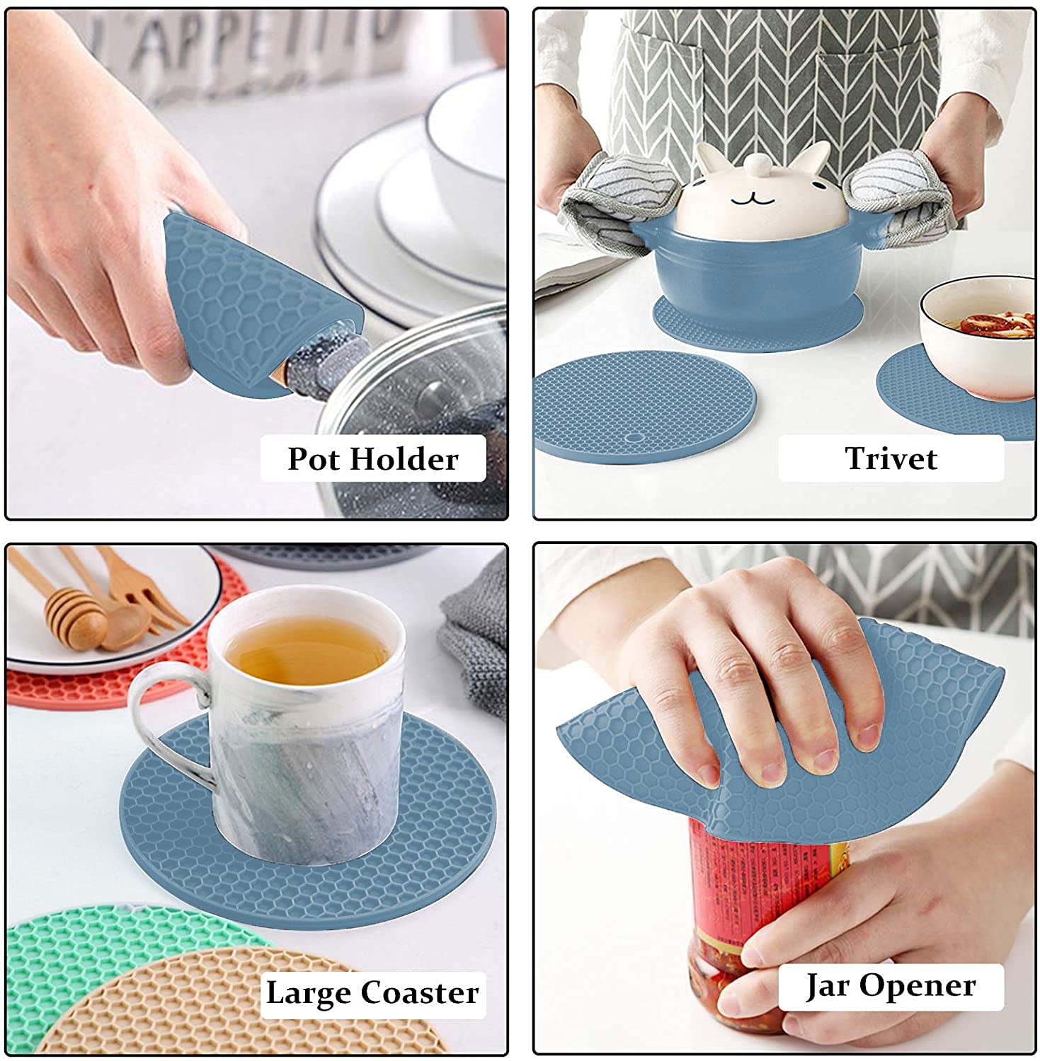 Silicone Trivets for Hot Pots and Pans - Heat Resistant, Non-Slip Kitchen Mat - Flexible Pot Holders for Stove, Oven & Dining Table - Set of 4 Blue Trivets - Perfect for Serving Hot Dishes, Protecting Countertops & Organizing Kitchen