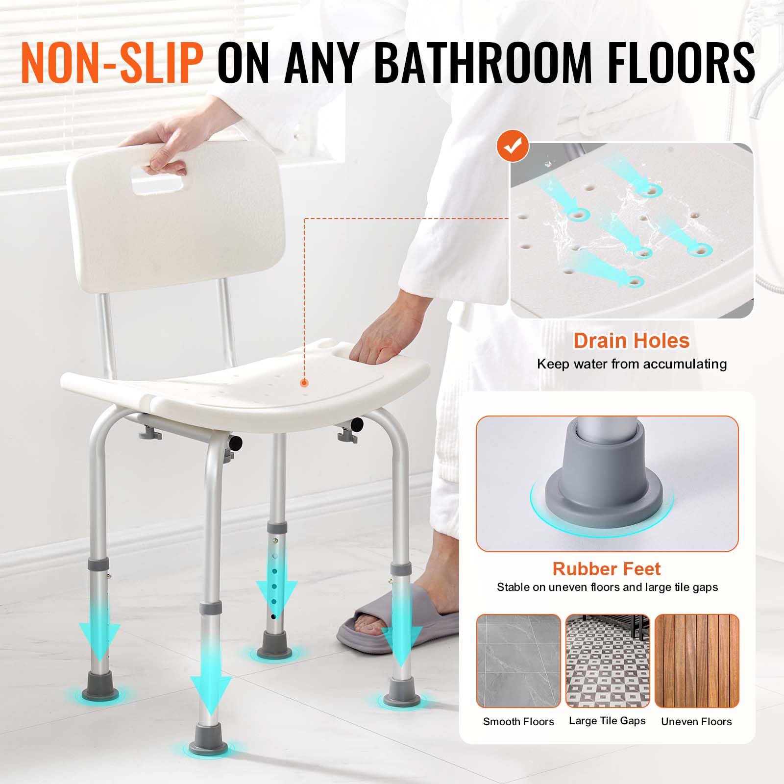 VEVOR Adjustable Height Shower Chair with Back - Non-Slip Bath Seat for Elderly & Disabled - 350 lbs Capacity Silver Shower Stool - Perfect for Bathroom Safety & Assisted Living