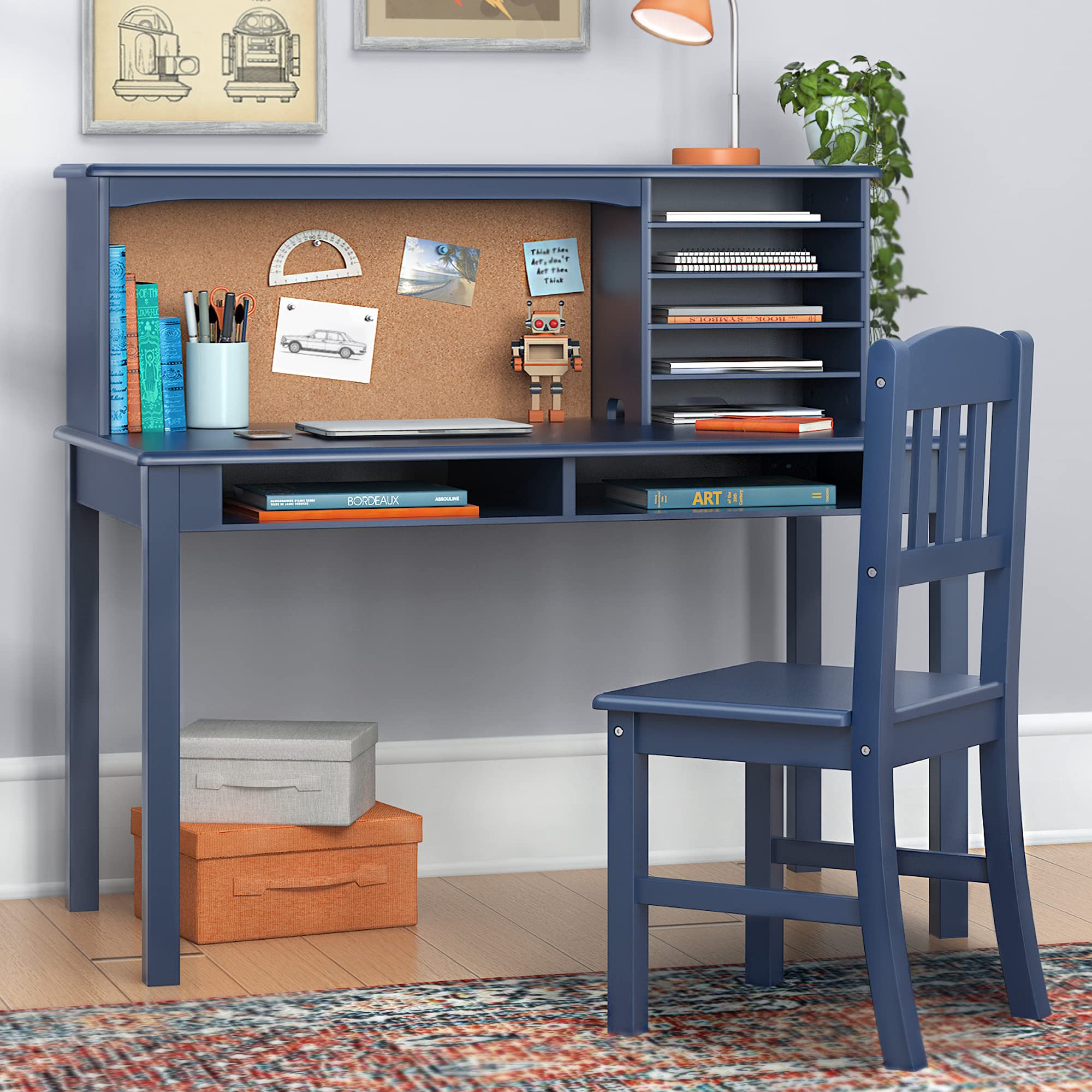 Guidecraft Kids Media Desk and Chair Set - Navy: Wooden Study Desk with Storage Hutch & Shelves for Boys & Girls, Children's Writing Table for Homework & Art, Perfect for Bedroom or Playroom Study Space
