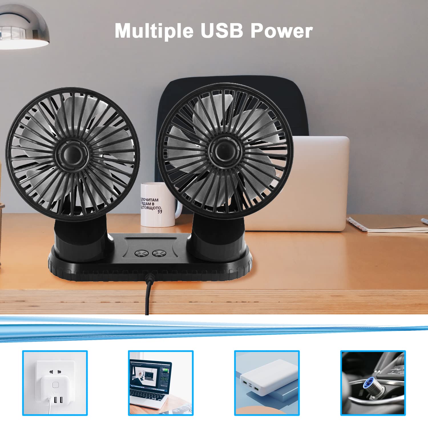 2024 Upgraded Qidoe Dual Head USB Car Fan with LED Lights - 3 Speed Adjustable, 360° Rotation Portable Cooling Fan for Car Dashboard, SUV, RV, Truck, Sedan - Perfect for Home, Office & Vehicle Use - USB Powered Personal Fan for Summer Travel & Work Spaces