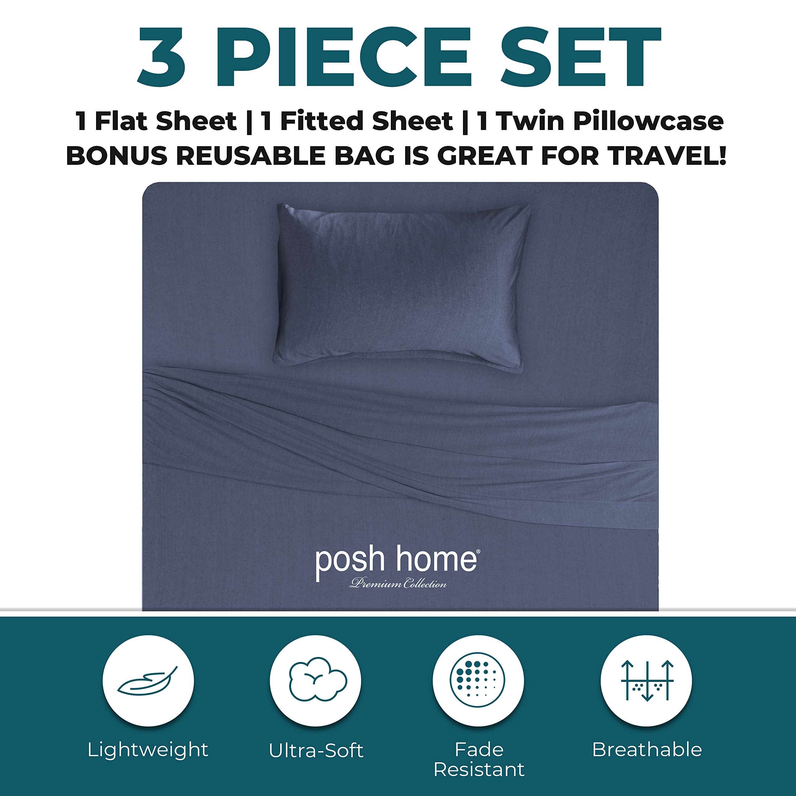 Posh Home Jersey Knit Sheet Set – 3-Piece Soft & Breathable Cotton Jersey Bed Sheets for Twin Size – Includes Flat Sheet, Fitted Sheet & Pillowcase – Navy Blue – Perfect for Cozy Nights & Comfortable Sleep
