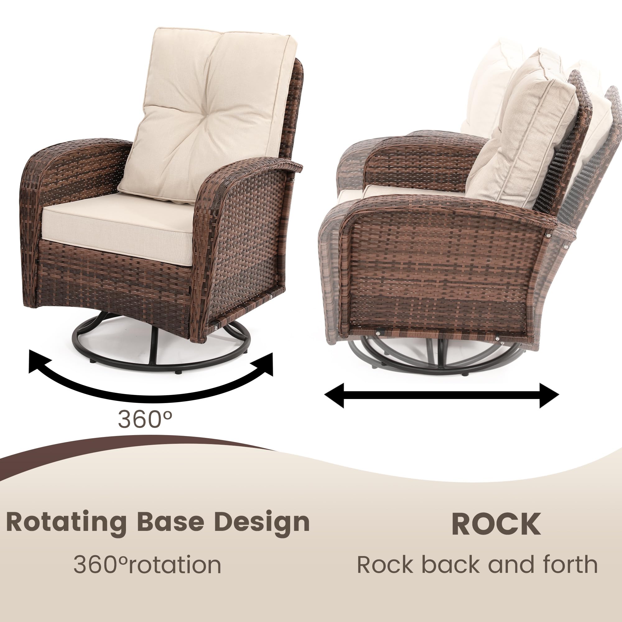 Kromax 3-Piece Patio Furniture Set - Outdoor Swivel Glider Rocker, Wicker Bistro Set with Rattan Rocking Chair & Glass Top Table - Thick Cushions for Porch, Deck, Garden or Backyard (Brown Rattan & Beige Cushion) - Perfect for Relaxing, Entertaining & Outdoor Dining