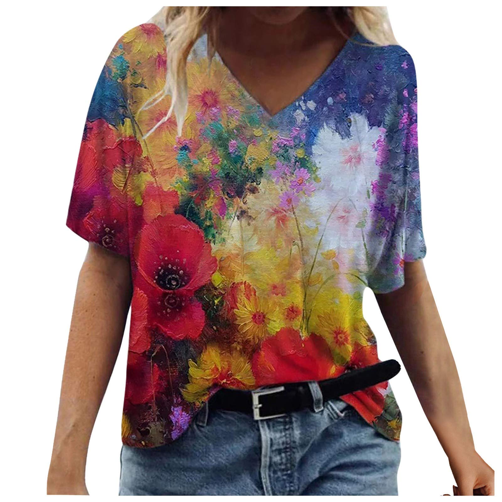 Women's Cat Graphic V-Neck T-Shirt - Colorful Loose Fit Summer Top with Short Sleeves | Casual Wear, Street Style, Vacation Outfit