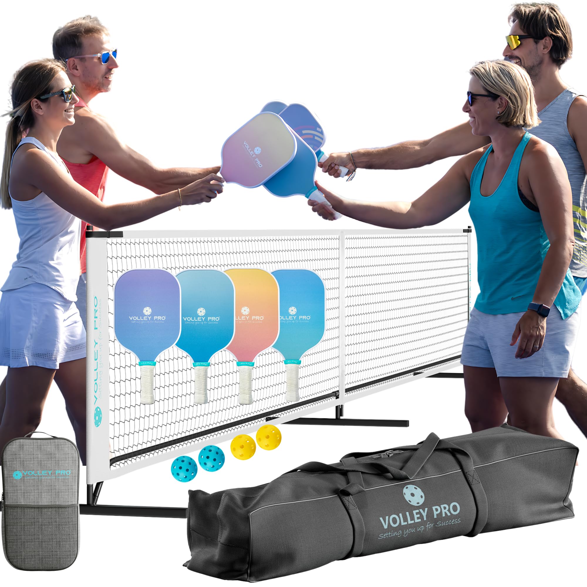 VolleyPro Portable Pickleball Set with Net - 4 Carbon Fiber Paddles, Duffle Bag, Regulation Size Net System, 4 Indoor/Outdoor Balls | Complete Pickleball Kit for Backyard, Beach & Court Games | Easy Assembly & Carry Bag Included
