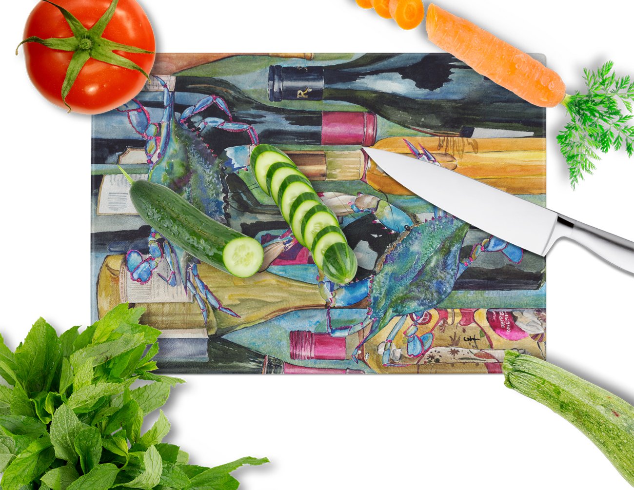 Blue Crab Tempered Glass Cutting Board - Large Decorative Kitchen Chopping & Serving Board for Seafood, Cheese & Charcuterie | Durable Wine Bottle Design by Caroline's Treasures