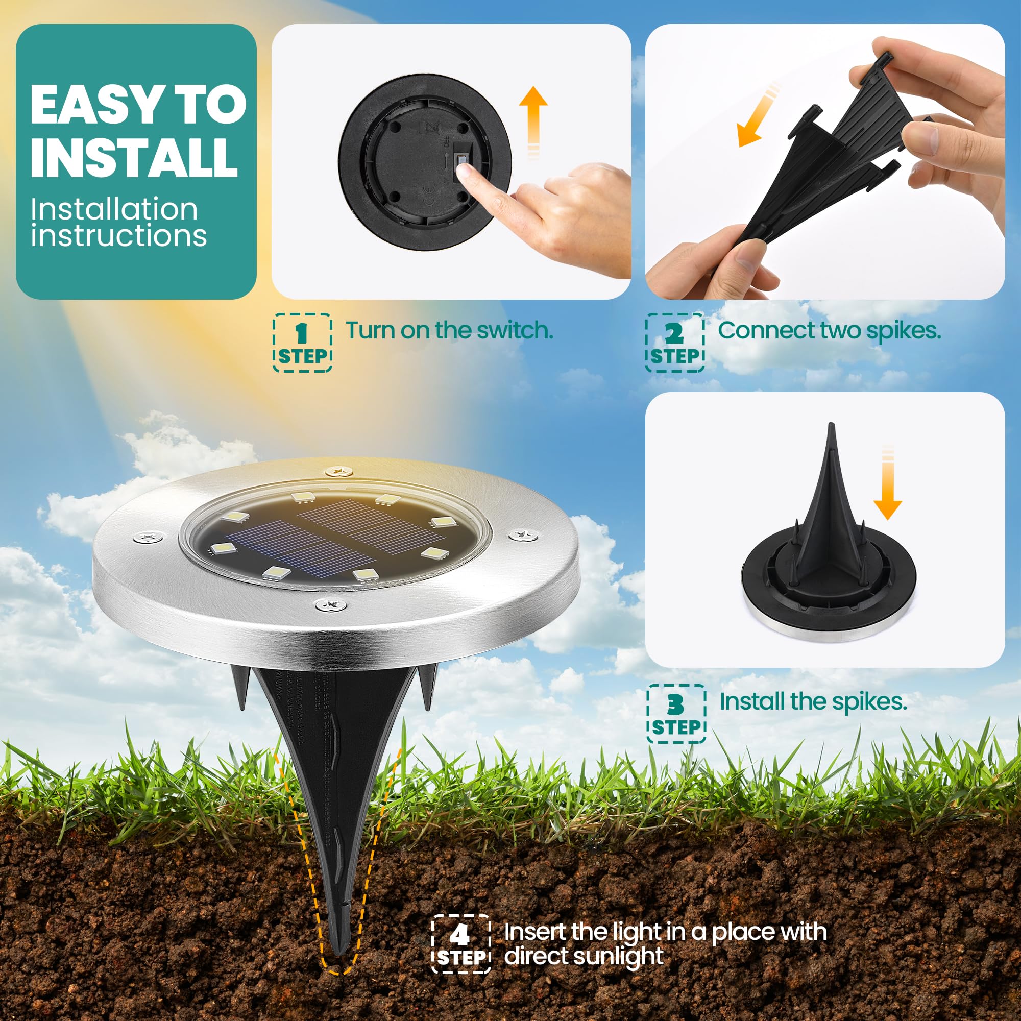 GIGALUMI 12 Pack Solar Ground Lights - 8 LED Waterproof Outdoor Solar Garden Lights for Pathway, Yard, Lawn, Patio & Walkway | Automatic Solar Powered In-Ground Landscape Lighting (Cold White) | Perfect for Garden Decoration, Driveway Marking & Backyard Illumination