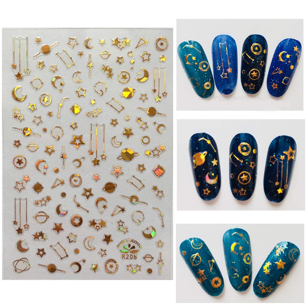 Yiicon 5 Sheets 3D Nail Art Stickers - Metallic Star & Moon Glitter Nail Decals for Acrylic & UV Gel Nails | Self-Adhesive Nail Art Designs for Salon, Home Manicure & Party Nail Decor