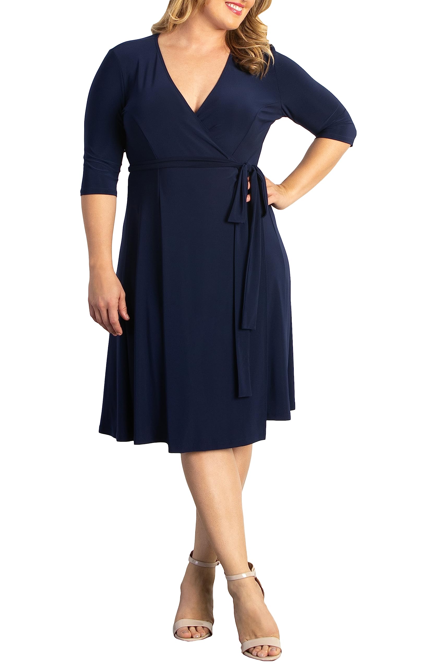 Kiyonna Women's Plus Size Essential Midi Wrap Dress with Sleeves - Flattering Casual & Formal Outfit for Cocktail Parties, Weddings, Office Work & Special Occasions