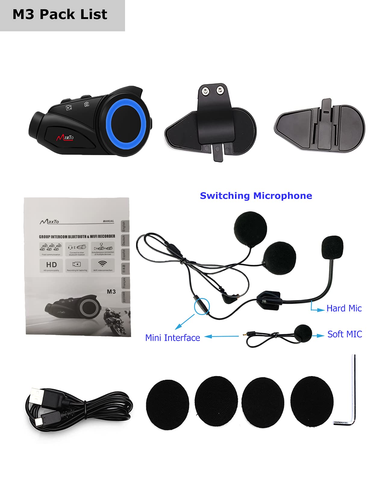 MAXTO M3 Motorcycle Bluetooth Intercom Headset with Camera - 6 Rider 1000M Communication System, Wireless Interphone for Motorbike Helmets (Siri/Google Assistant, Waterproof, FM Radio, Supports 128G TF Card) - Perfect for Group Rides, Touring & Adventure Motorcycling