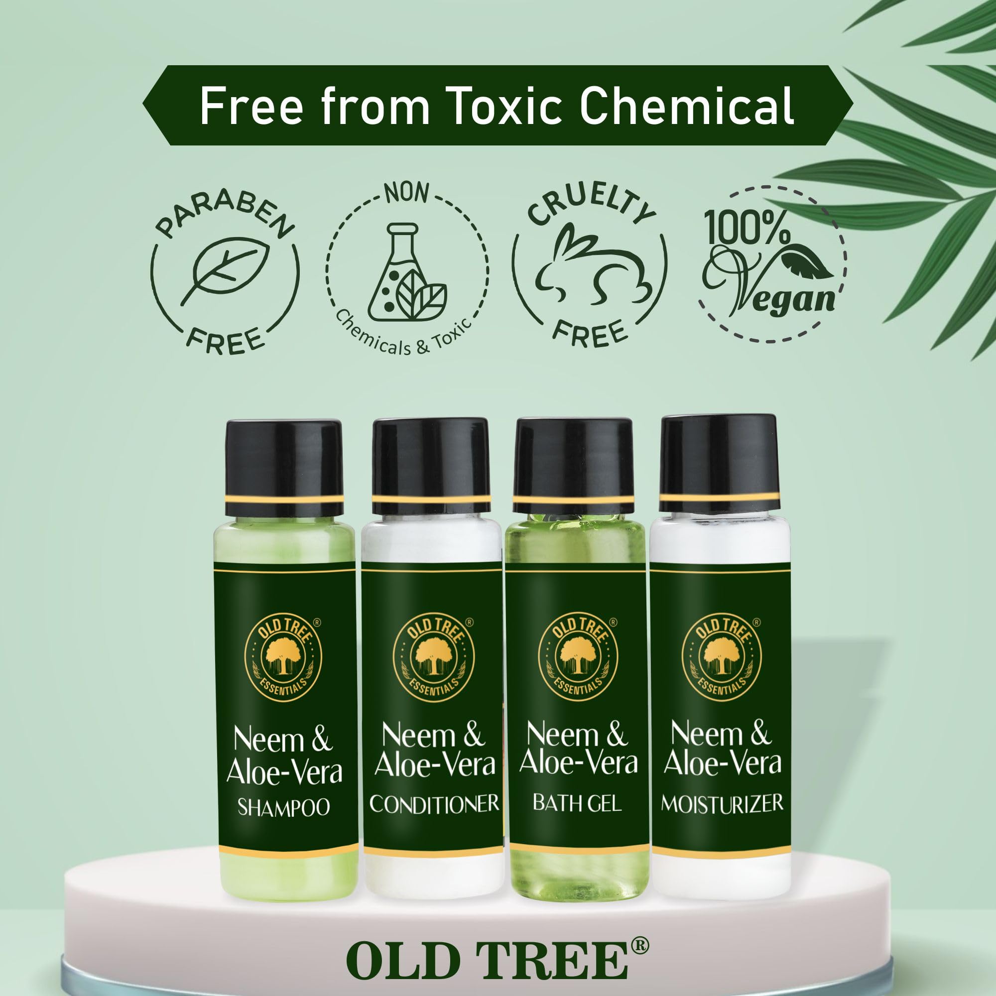 Organic Neem & Aloe Vera Travel Toiletries Set - 30ml Shampoo, Conditioner, Body Wash & Lotion (Pack of 25-100) | Natural Hair & Skin Care for Men & Women | Perfect for Hotels, Gyms, Travel & On-the-Go Hygiene