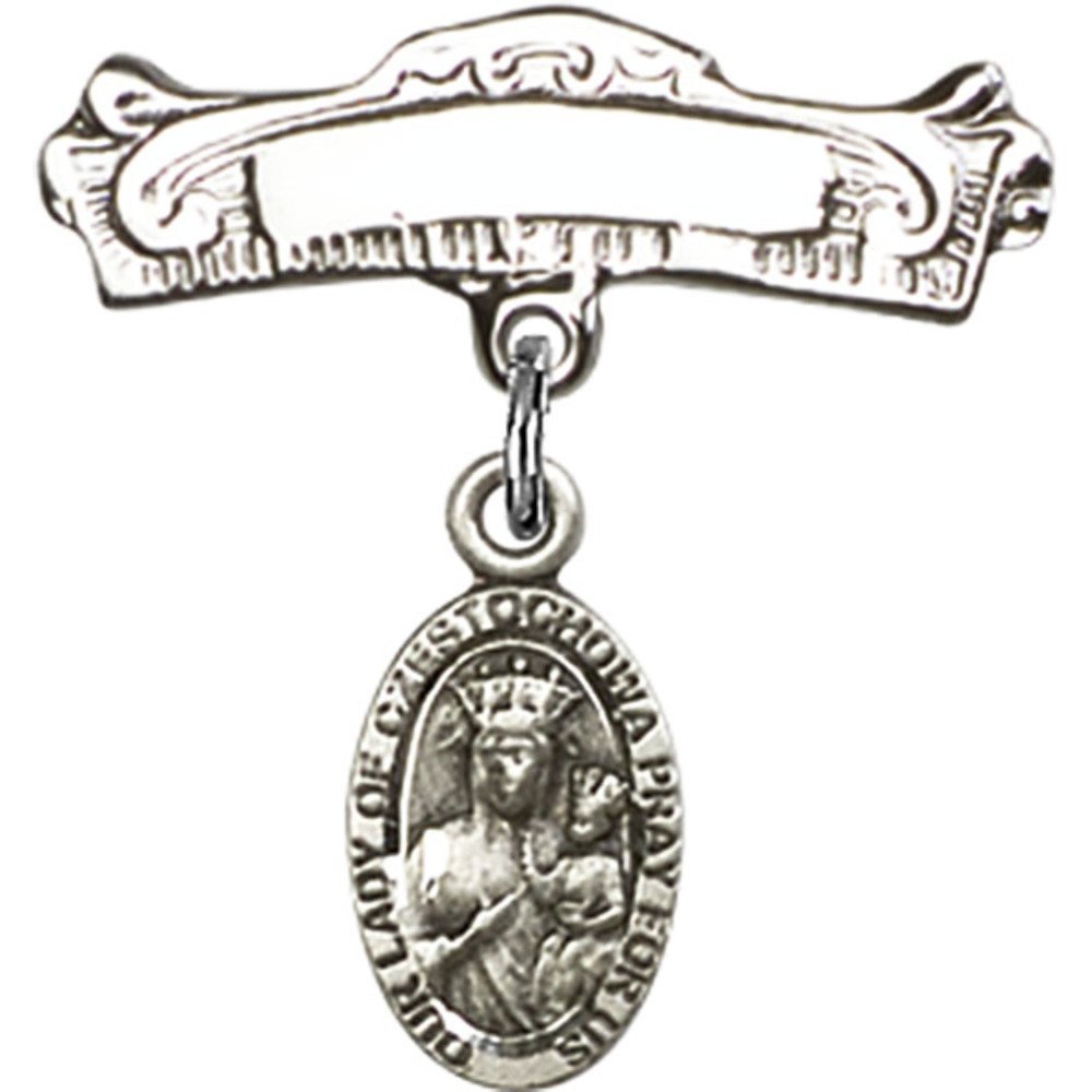 Sterling Silver Baby Badge with Our Lady of Czestochowa Charm - 7/8 X 7/8 Inch Arched Polished Pin - Perfect for Baptism Gifts, Christening Jewelry & Religious Keepsakes